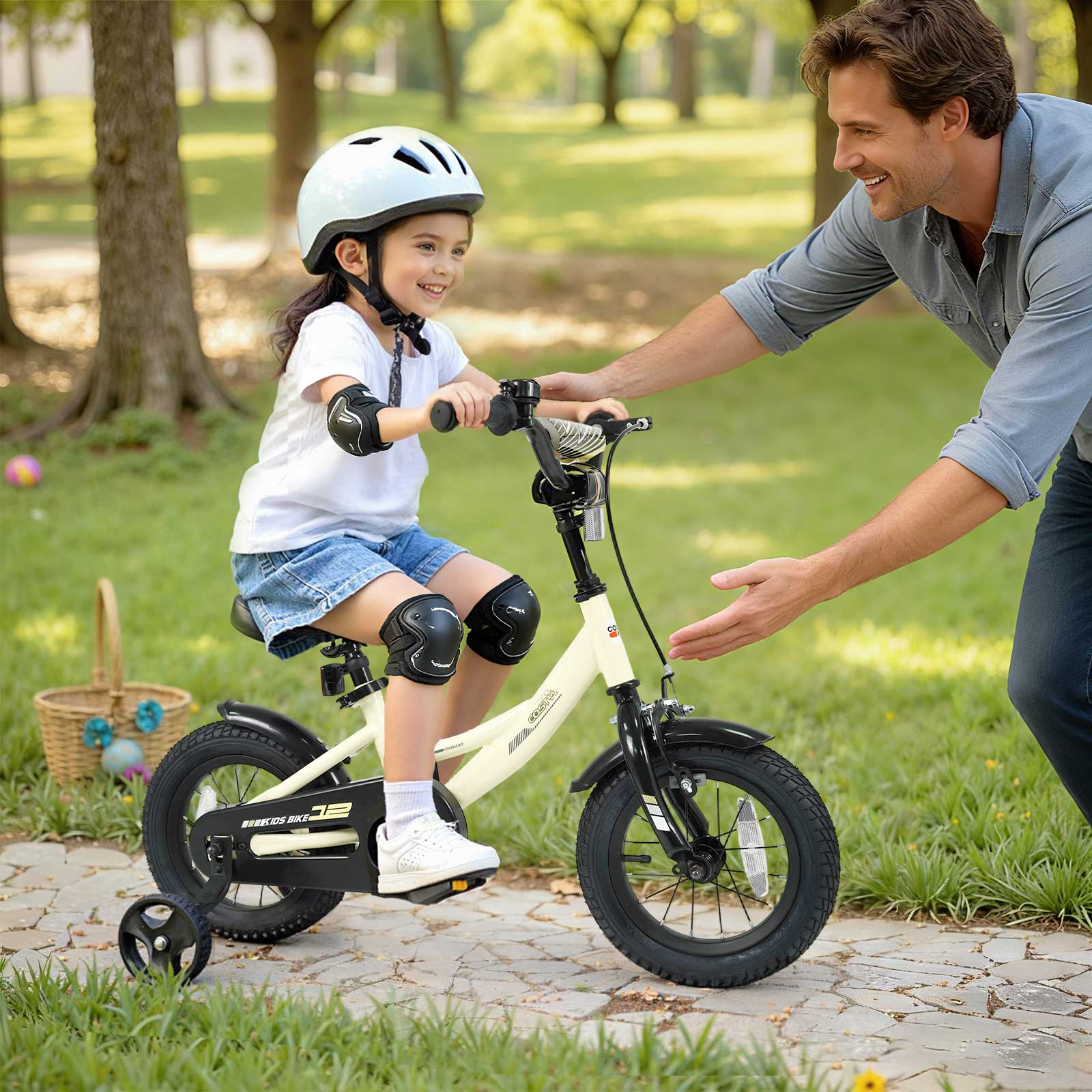 Alt View 3. Costway - Costway 12 Inch Kids Bike with Training Wheels Dual Brakes Adjustable Seat Handlebar Height - Beige.
