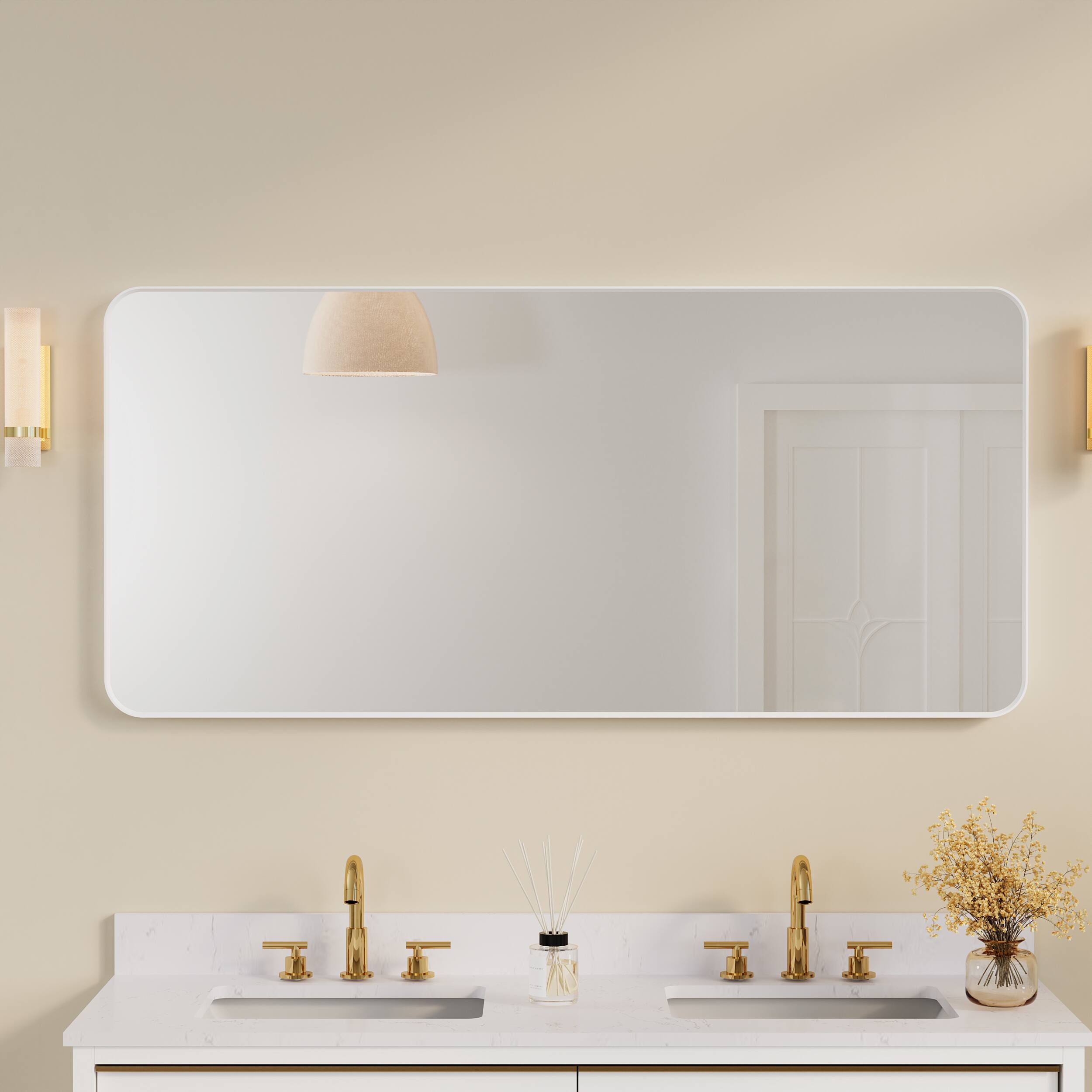 Angle. WELLFOR - 60 in. W. x 28 in. H Rectangular Aluminum Framed Wall-Mounted Bathroom Vanity Mirror - White.