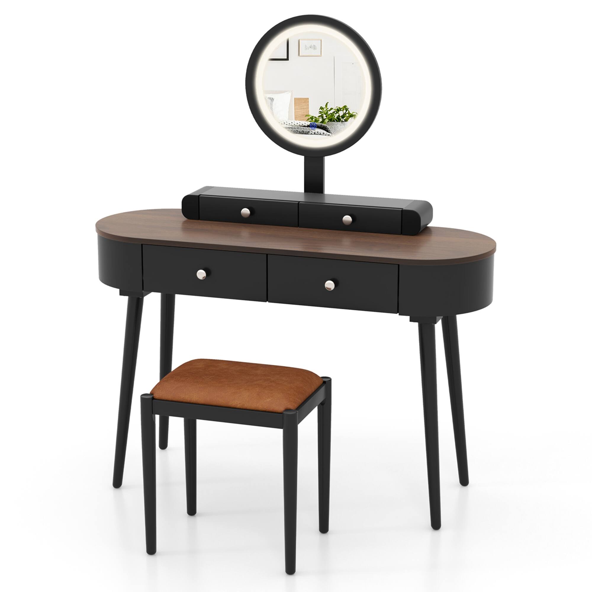 Alt View 9. Costway - Costway Solid Wood Makeup Vanity Desk Set with LED Lighted Mirror Drawers Cushioned Stool - Black + Brown.