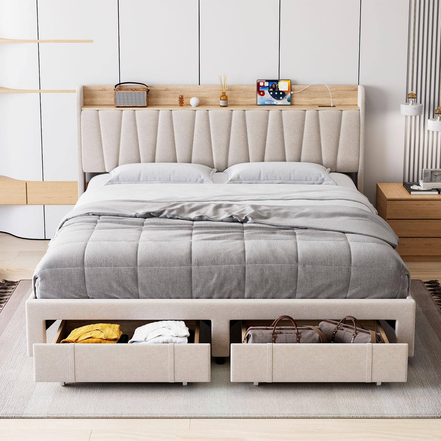 Left. Acekool - King Size Upholstered Bed Frame with Storage Headboard and Charging Station, Platform Bed Frame with Drawers - Beige.