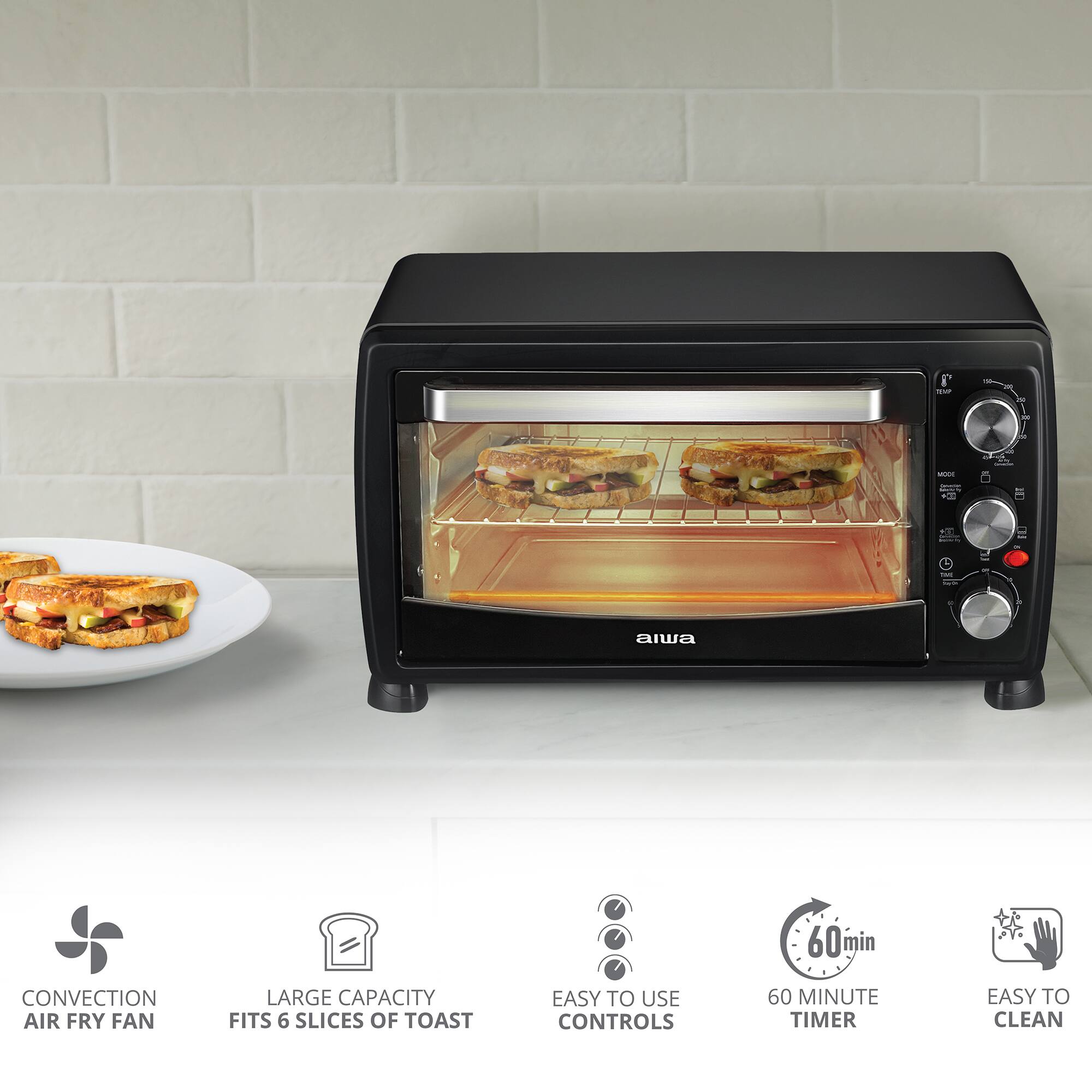 Faiwa 60min CONVECTION AIR FRY FAN LARGE CAPACITY FITS 6 SLICES OF TOAST EASY TO USE CONTROLS 60 MINUTE TIMER EASY TO CLEAN