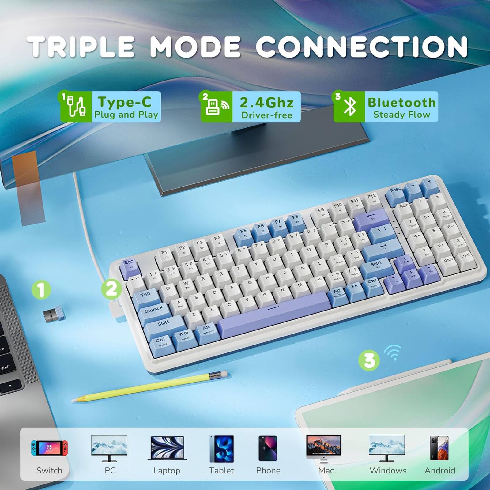 TRIPLE MODE CONNECTION: Type-C Plug and Play, 2.4Ghz, Driver-free, 3 Bluetooth, Steady Flow.