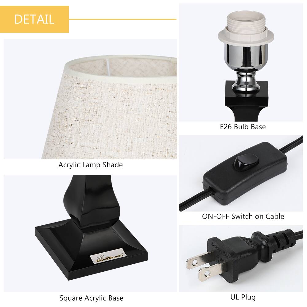 DETAIL

- E26 Bulb Base
- Acrylic Lamp Shade
- Square Acrylic Base
- ON-OFF Switch on Cable
- UL Plug