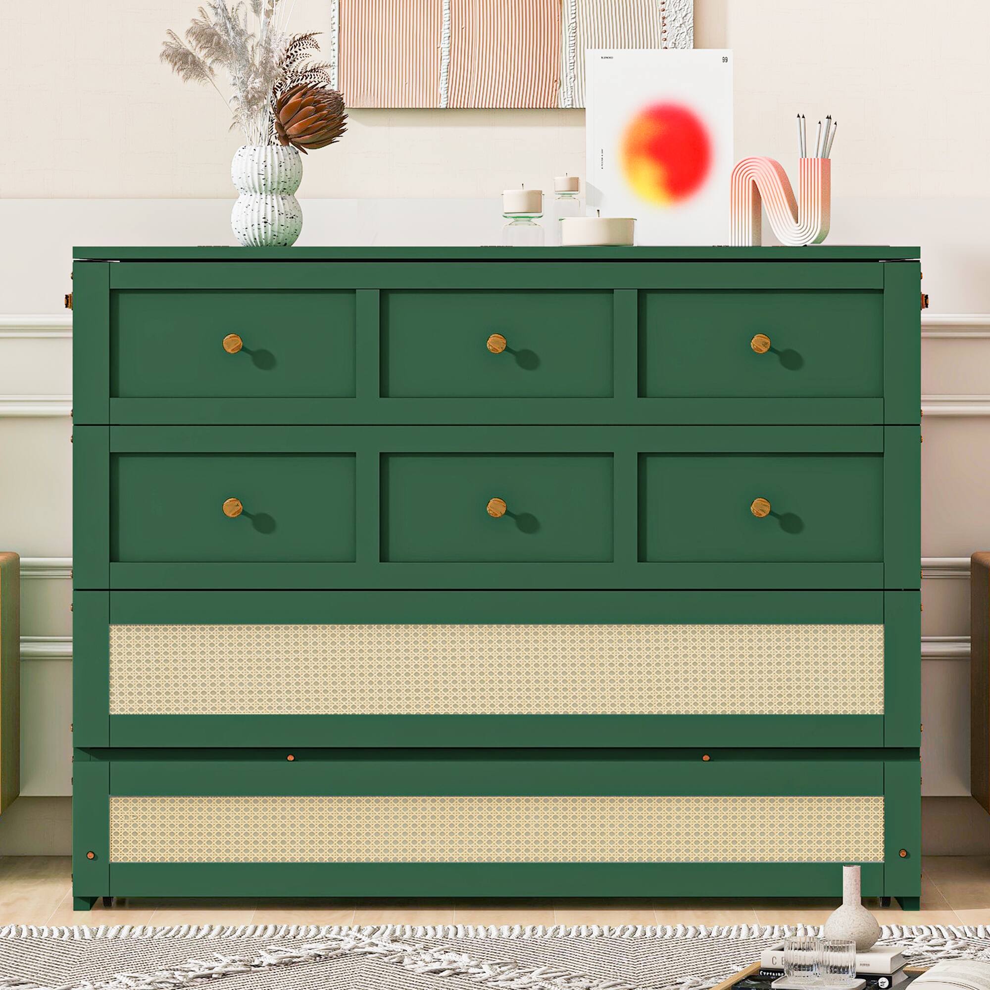 Back. Whisen - Full Size Murphy Bed,Space-Saving Foldable Bed Frame with Storage Drawers - Green.