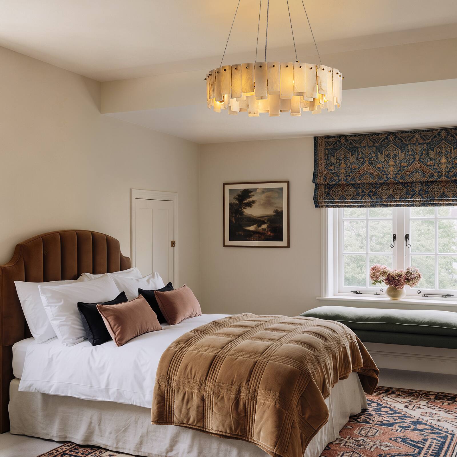 Alt View 3. Siljoy - Natural Spanish Alabaster Chandelier,24in Natural Spanish Alabaster Drum Chandeliers - Gold.