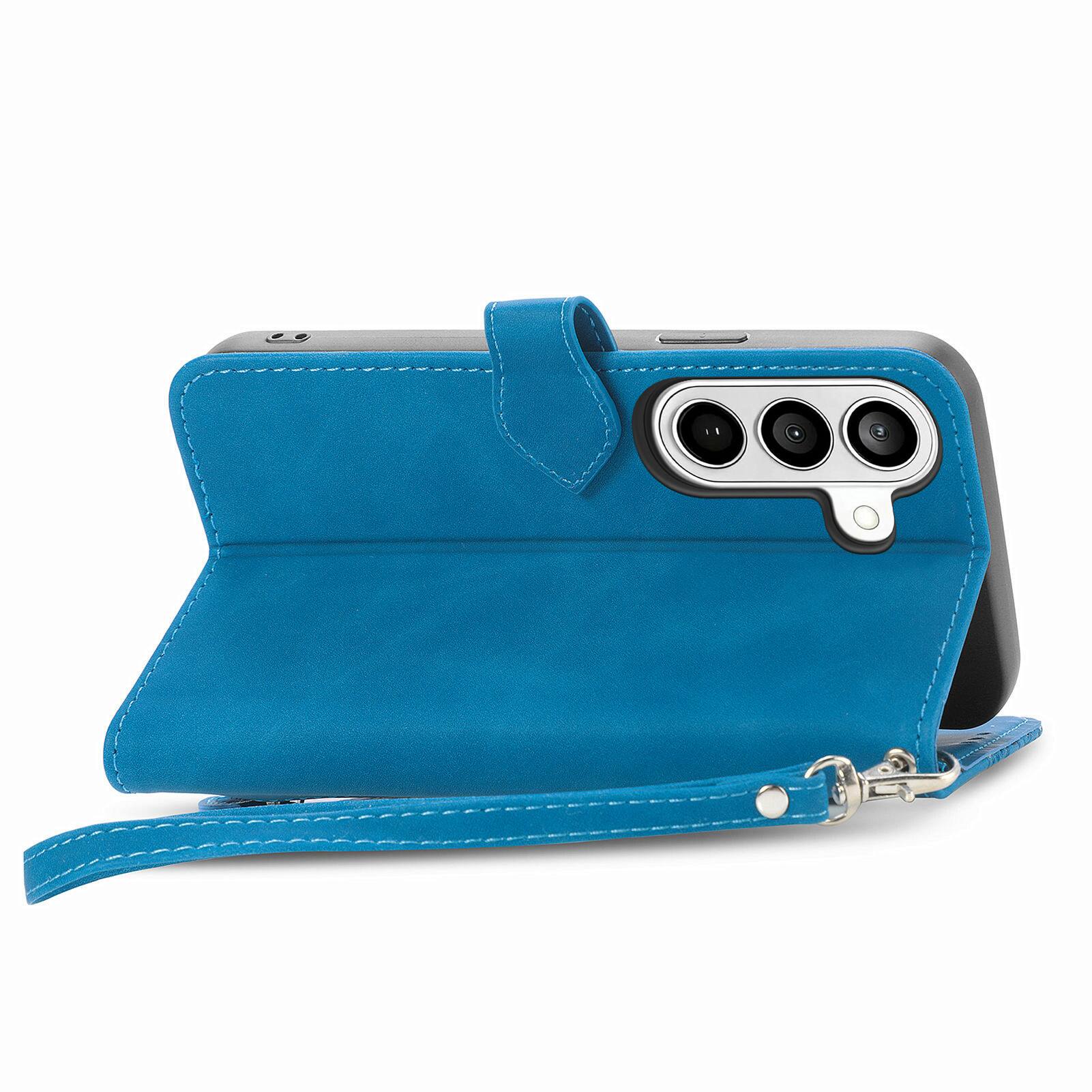 Left. Dteck - for Samsung Galaxy S26 Slim Wallet Case,Folio Shockproof PU Leather Card Holder Cover with Zipper Pocket & Wrist Strap - Blue.