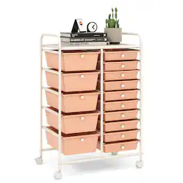 WELLFOR - 15 Drawer Rolling Storage Cart, Drawer Organizer with Wheels, Scrapbook Paper Office School Organizer - Peach