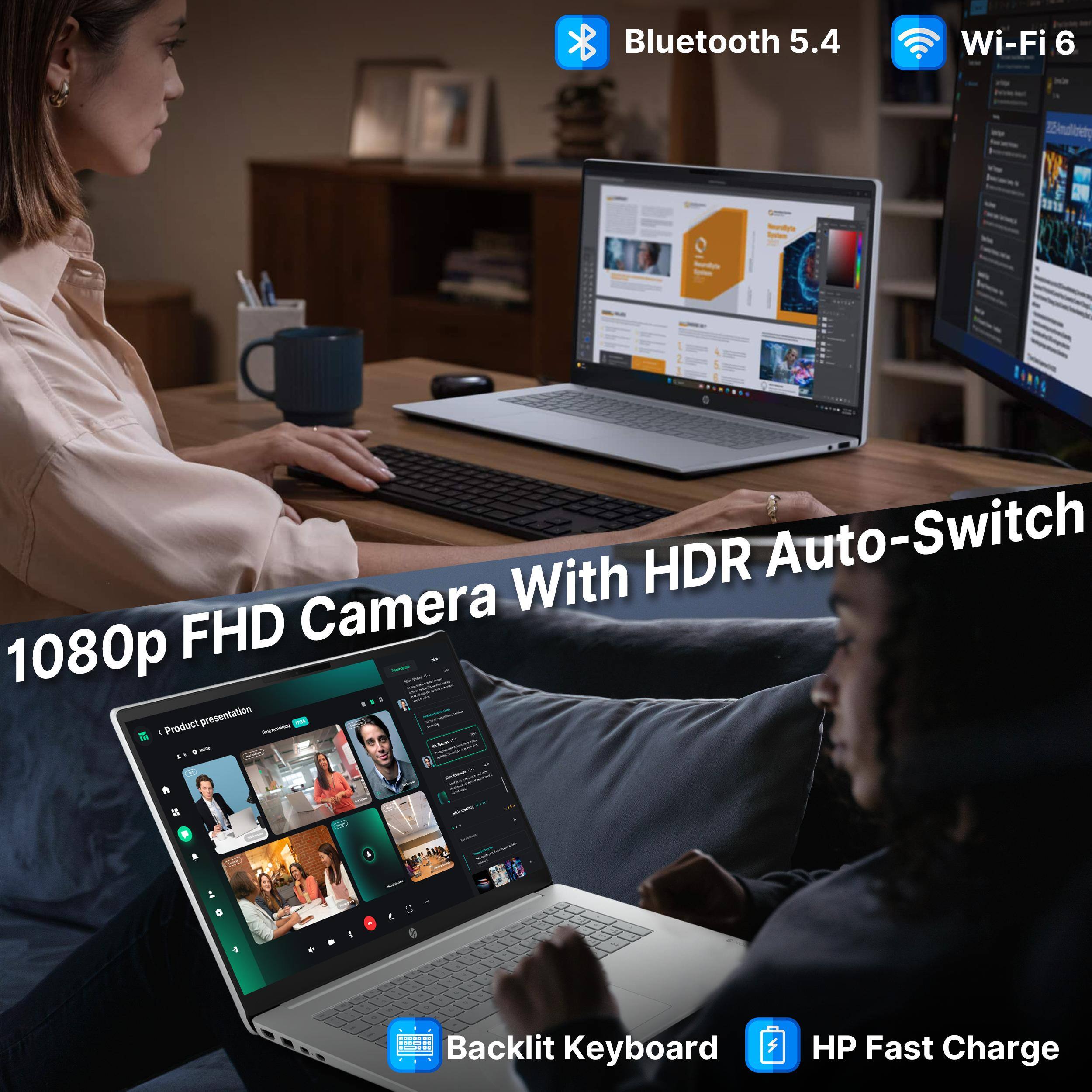 Bluetooth 5.4 Wi-Fi 6 1080p FHD Camera With HDR Auto-Switch Backlit Keyboard HP Fast Charge