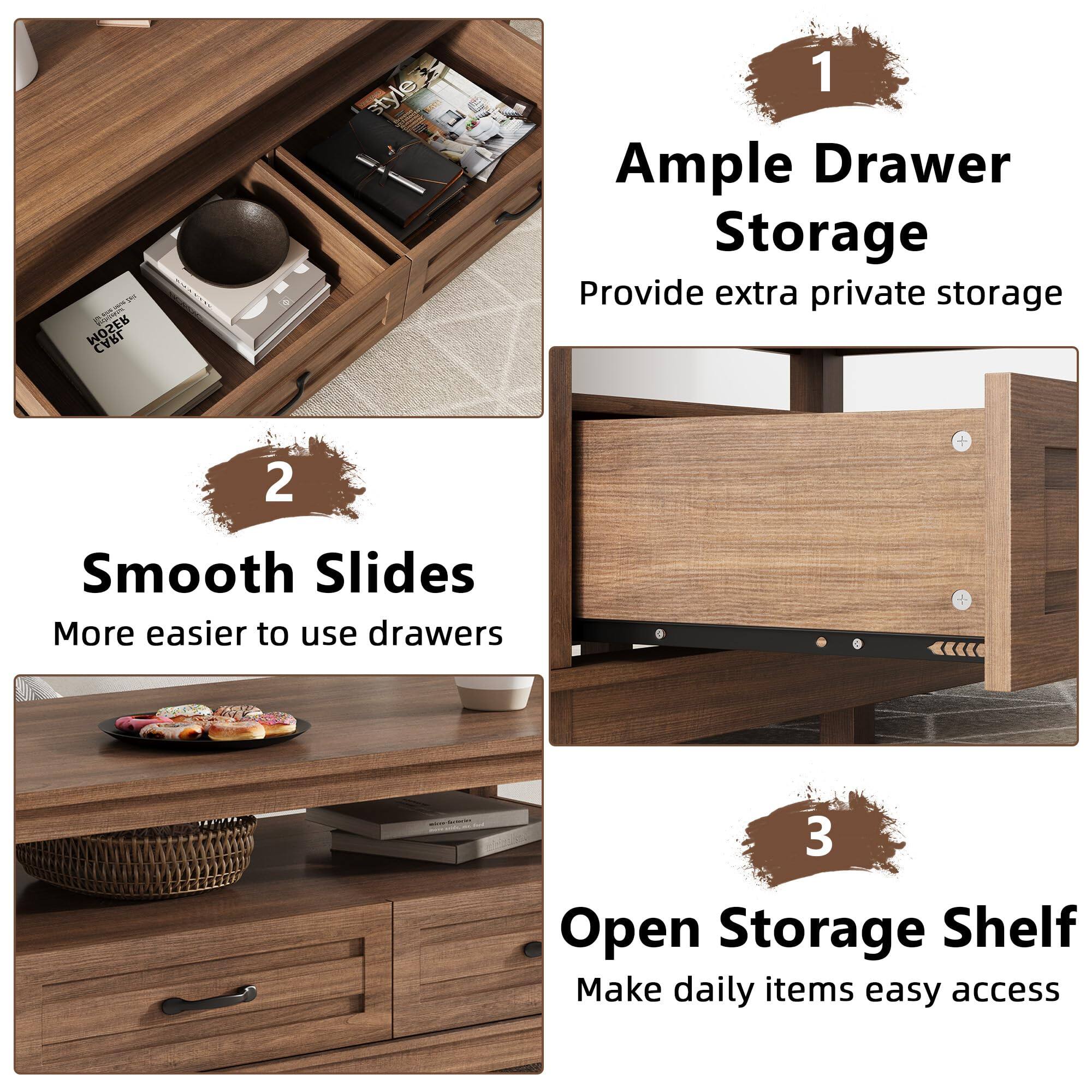 1. Ample Drawer Storage  
   Provide extra private storage

2. Smooth Slides  
   More easier to use drawers

3. Open Storage Shelf  
   Make daily items easy access