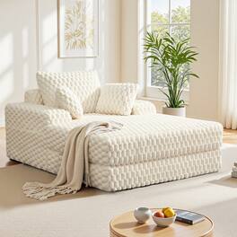 KERDOM - Single Sofa Bed Chaise Lounge Couch, Plush Floor Sofa Sleeper with Pillows, Cup Holder, Side Pouch, No Need Assembly - Beige