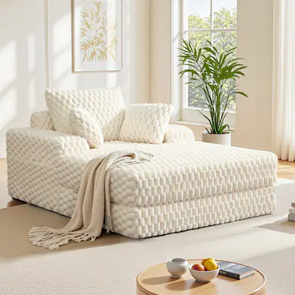Front. KERDOM - Single Sofa Bed Chaise Lounge Couch, Plush Floor Sofa Sleeper with Pillows, Cup Holder, Side Pouch, No Need Assembly - Beige.