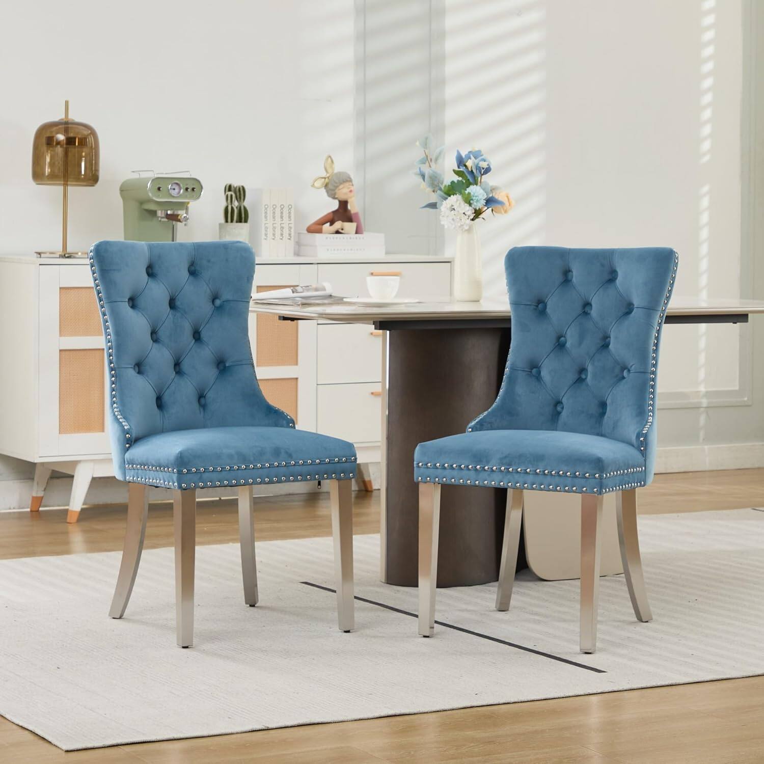 Alt View 5. Trinkets Crazed - Velvet Dining Chair Set of 2 Upholstered Tufted Dining Room Chair with Nailhead Trim - light blue.
