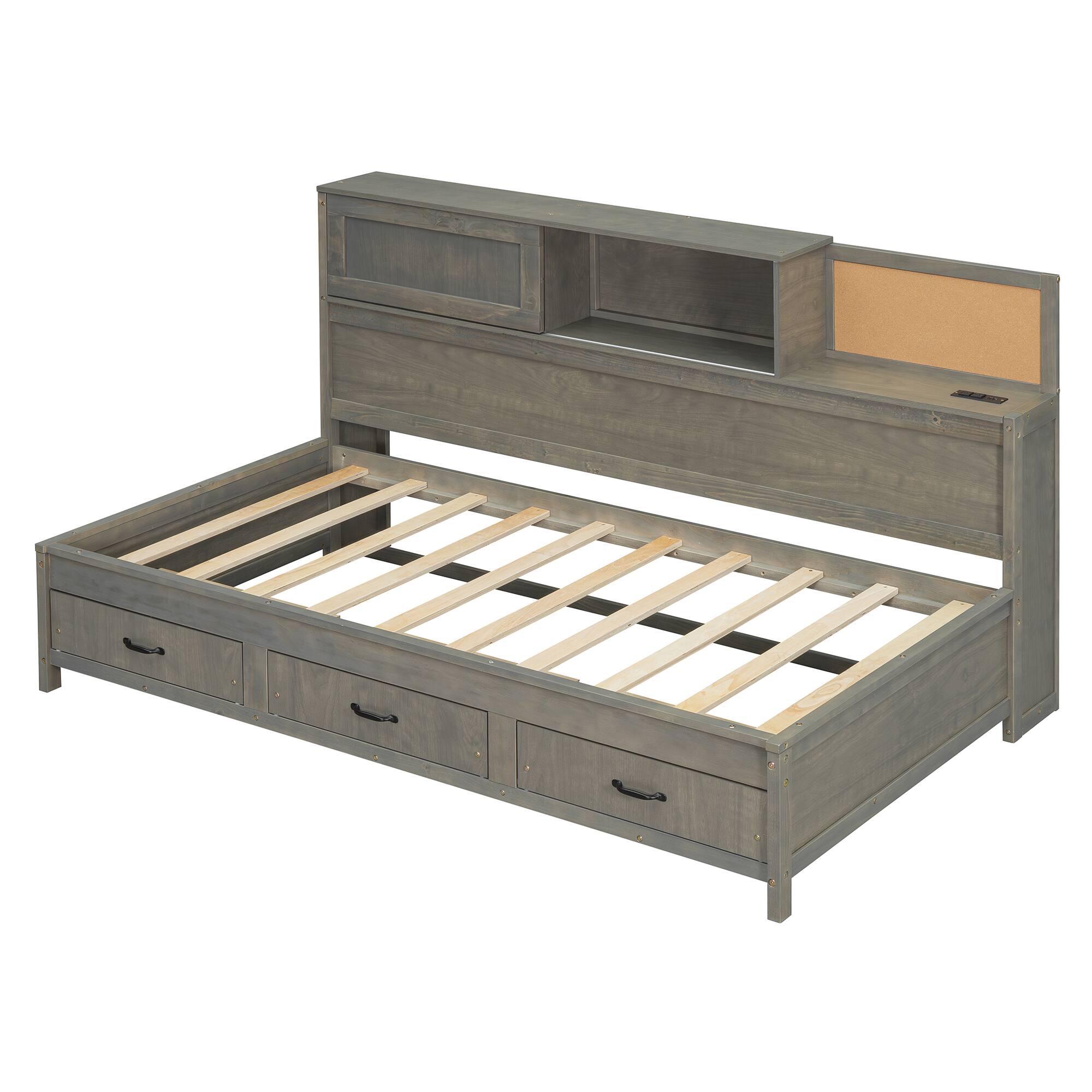 Alt View 5. Tiramisubest - Twin Size Wooden Daybed with 3 Storage Drawers, Upper Soft Board, shelf, and a set of Sockets and USB Ports, Gray - Gray.