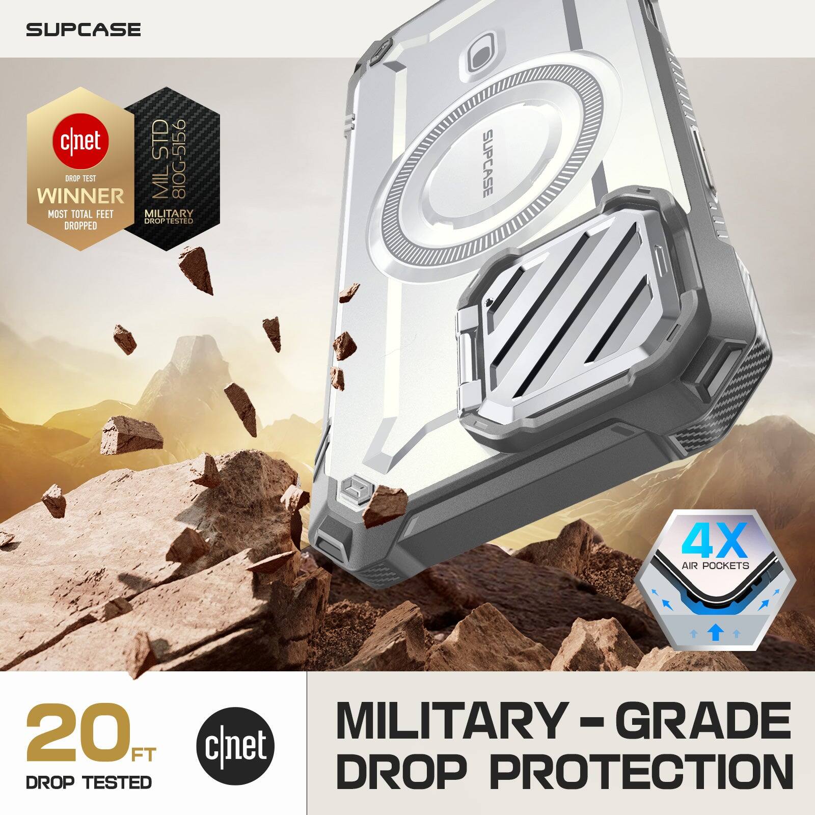 The corrected text is:

"Supcase c/net STD 810G-515.6 OROP Test Winner, Military, Most Total Feet, Military-Grade, 20 ft Drop Tested, 4x Air Pockets, Military-Grade Drop Protection."