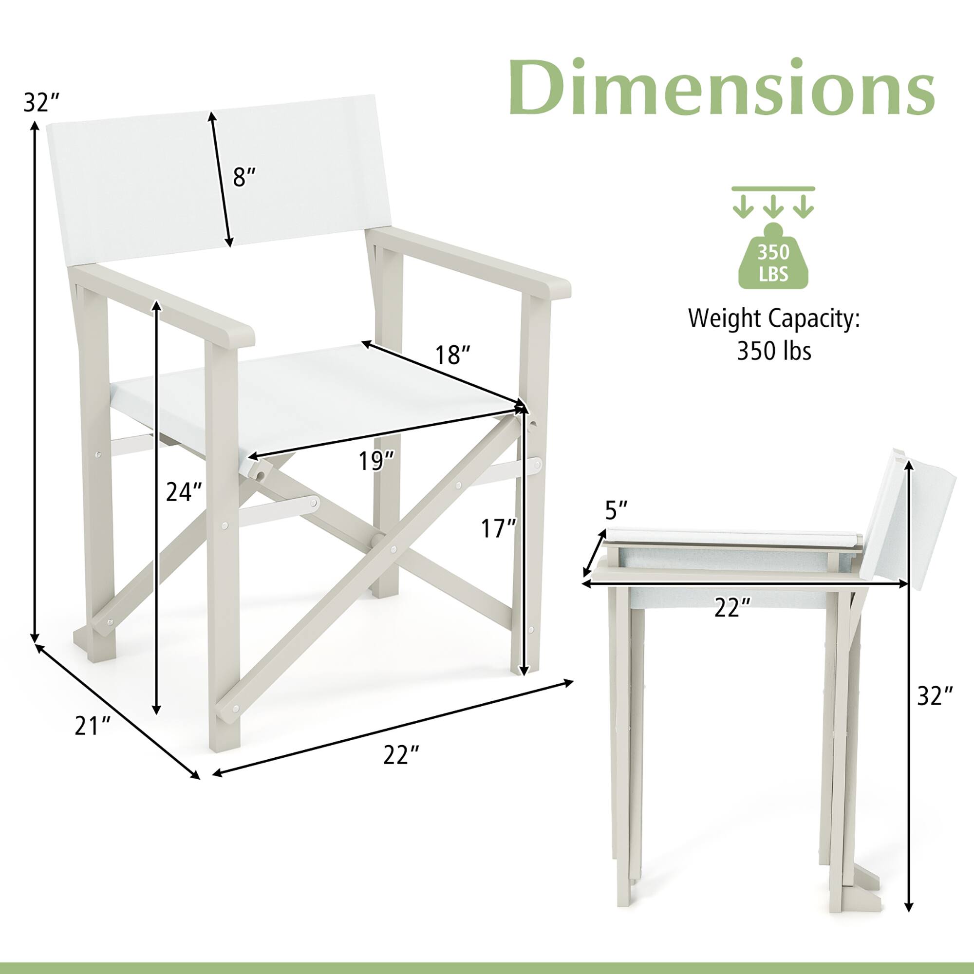 Dimensions:
- Height: 32"
- Seat Height: 18"
- Seat Depth: 19"
- Seat Width: 24"
- Back Height: 8"
- Table Height: 5"
- Table Width: 22"
- Table Depth: 17"
- Overall Width: 22"
- Overall Depth: 21"

Weight Capacity: 350 lbs