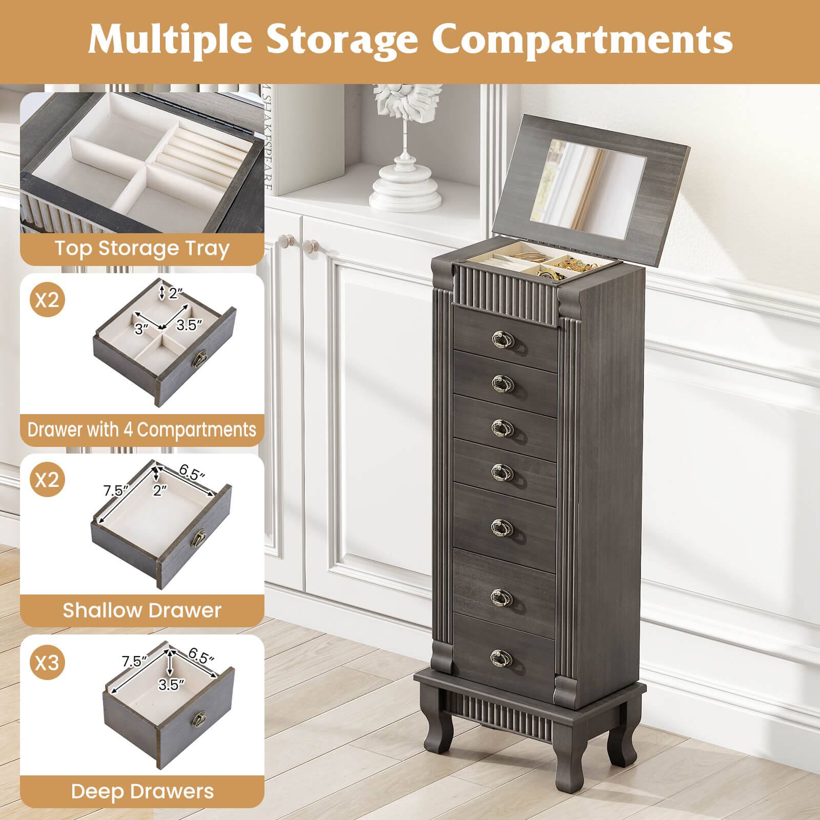 Multiple Storage Compartments

- Top Storage Tray
  - X2
  - 3" x 2" x 3.5"

- Drawer with 4 Compartments
  - X2
  - 7.5" x 6.5" x 2"

- Shallow Drawer
  - X3
  - 7.5" x 6.5" x 3.5"

- Deep Drawers