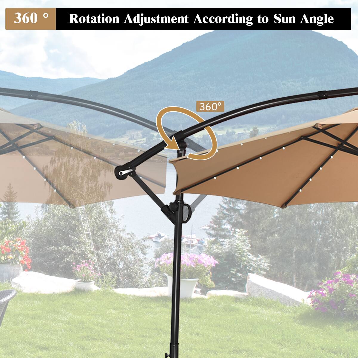 The text on the image reads "360 Rotation Adjustment According to Sun Angle 360." This suggests that the umbrella is designed to rotate and adjust its position based on the angle of the sun, providing shade and protection from the sun's rays throughout the day. The umbrella is set up in a backyard with a beautiful view of mountains in the background, making it an ideal outdoor space for relaxation and leisure activities.