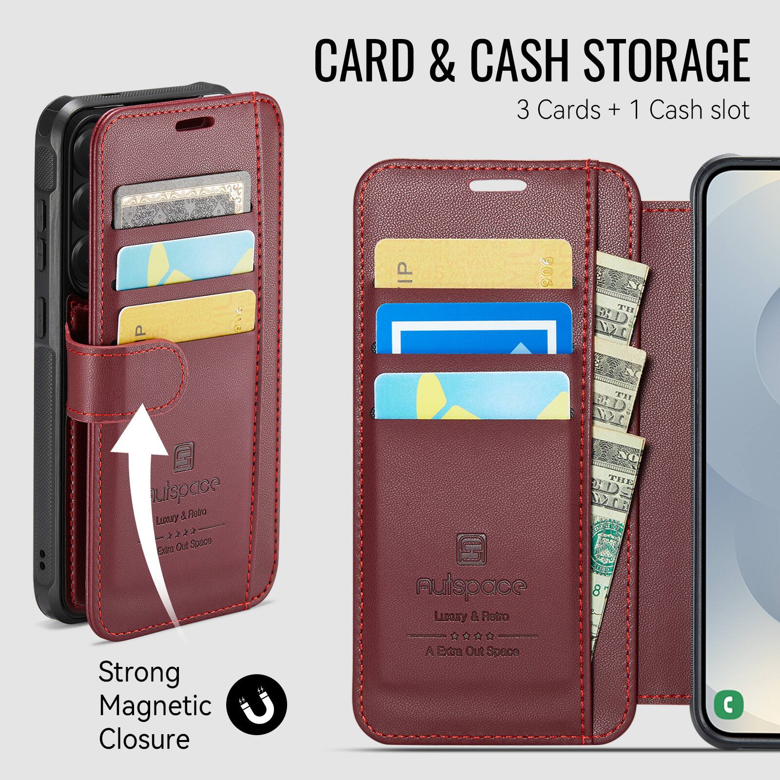CARD & CASH STORAGE  
3 Cards + 1 Cash slot  

Strong Magnetic Closure  

Autspace  
Luxury & Retro  
A Extra Out Space