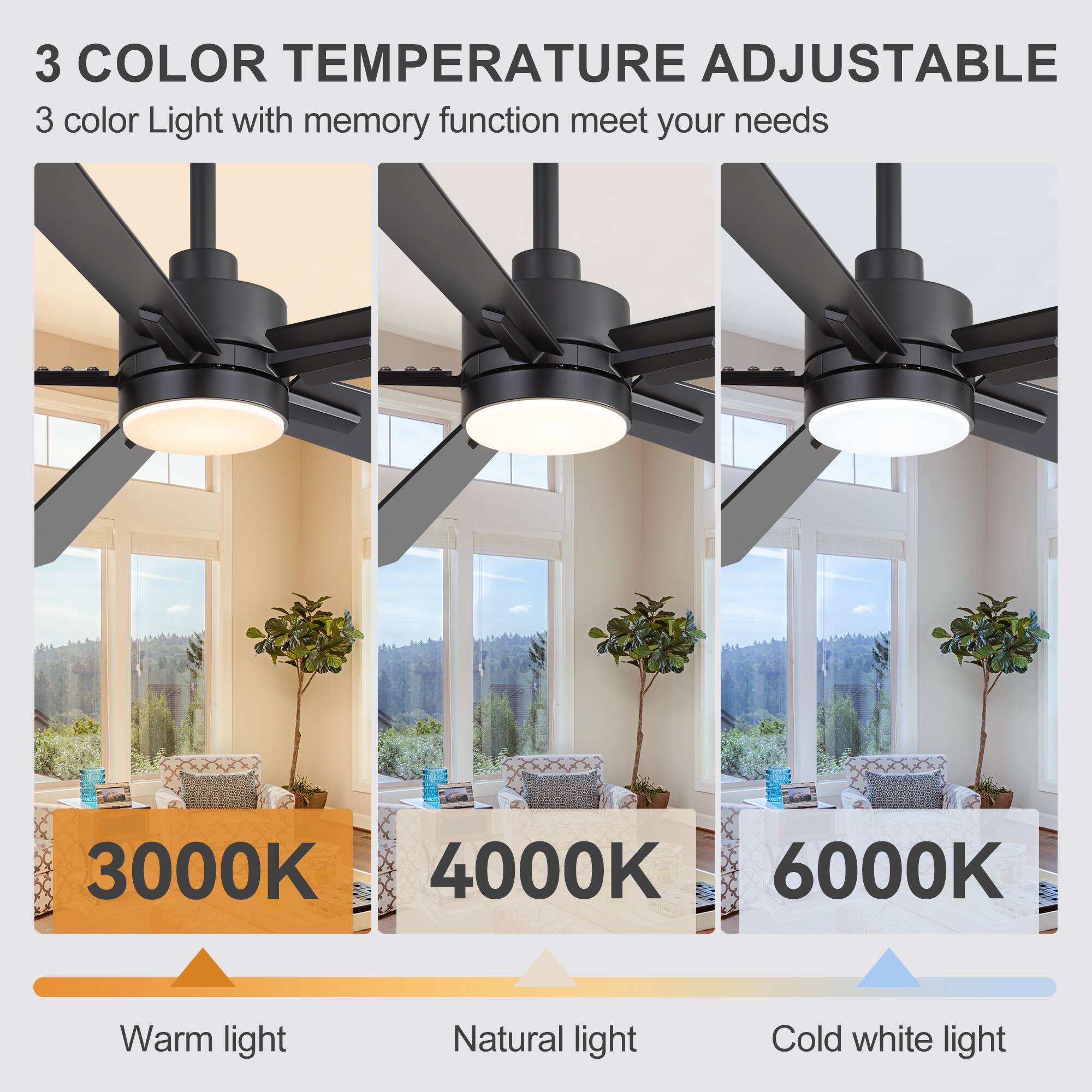 3 COLOR TEMPERATURE ADJUSTABLE  
3 color Light with memory function meet your needs  

3000K  
Warm light  

4000K  
Natural light  

6000K  
Cold white light