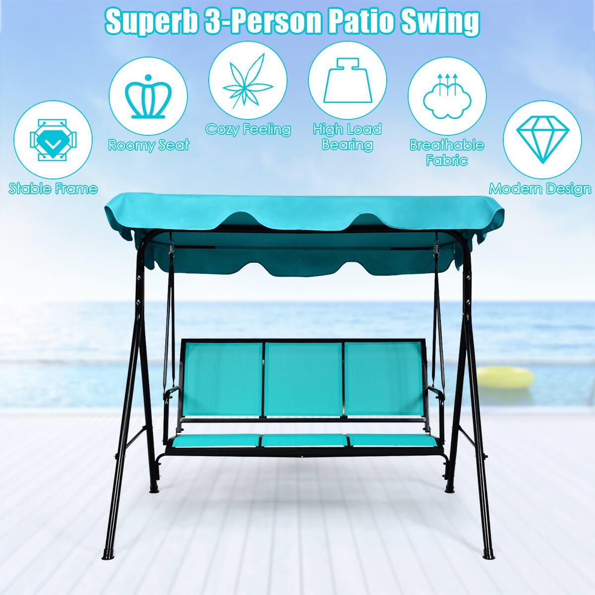 Superb 3-Person Patio Swing

- Stable Frame
- Roomy Seat
- Cozy Feeling
- High Load Bearing
- Breathable Fabric
- Modern Design
