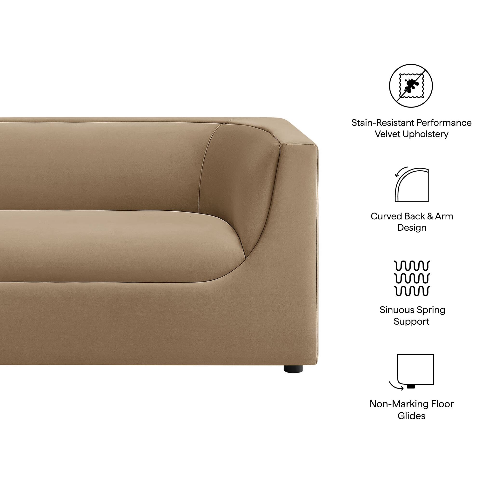 Stain-Resistant Performance Velvet Upholstery  
Curved Back & Arm Design  
Sinuous Spring Support  
Non-Marking Floor Glides