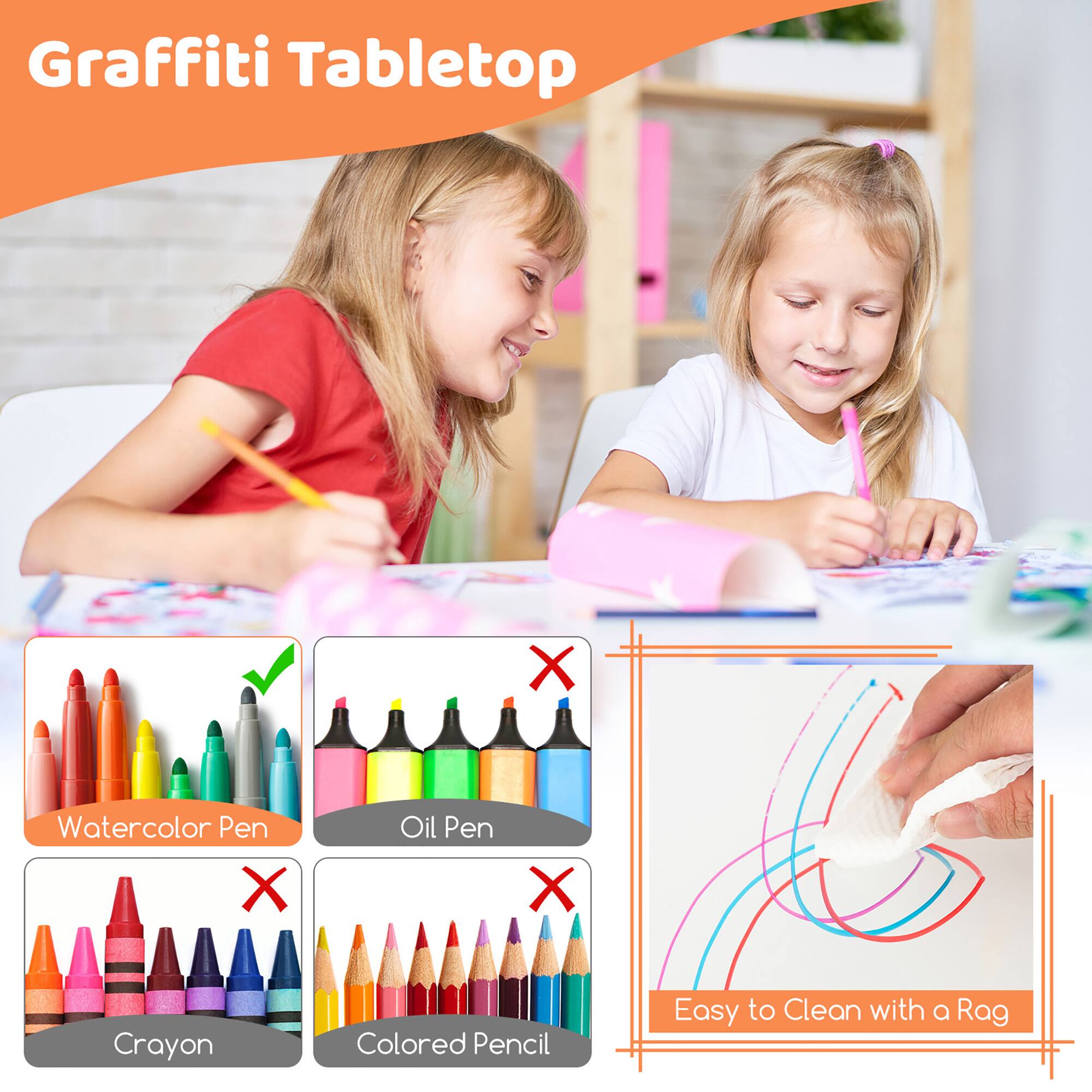 Graffiti Tabletop

- Watercolor Pen ✔️
- Oil Pen ❌
- Crayon ❌
- Colored Pencil ❌

Easy to Clean with a Rag