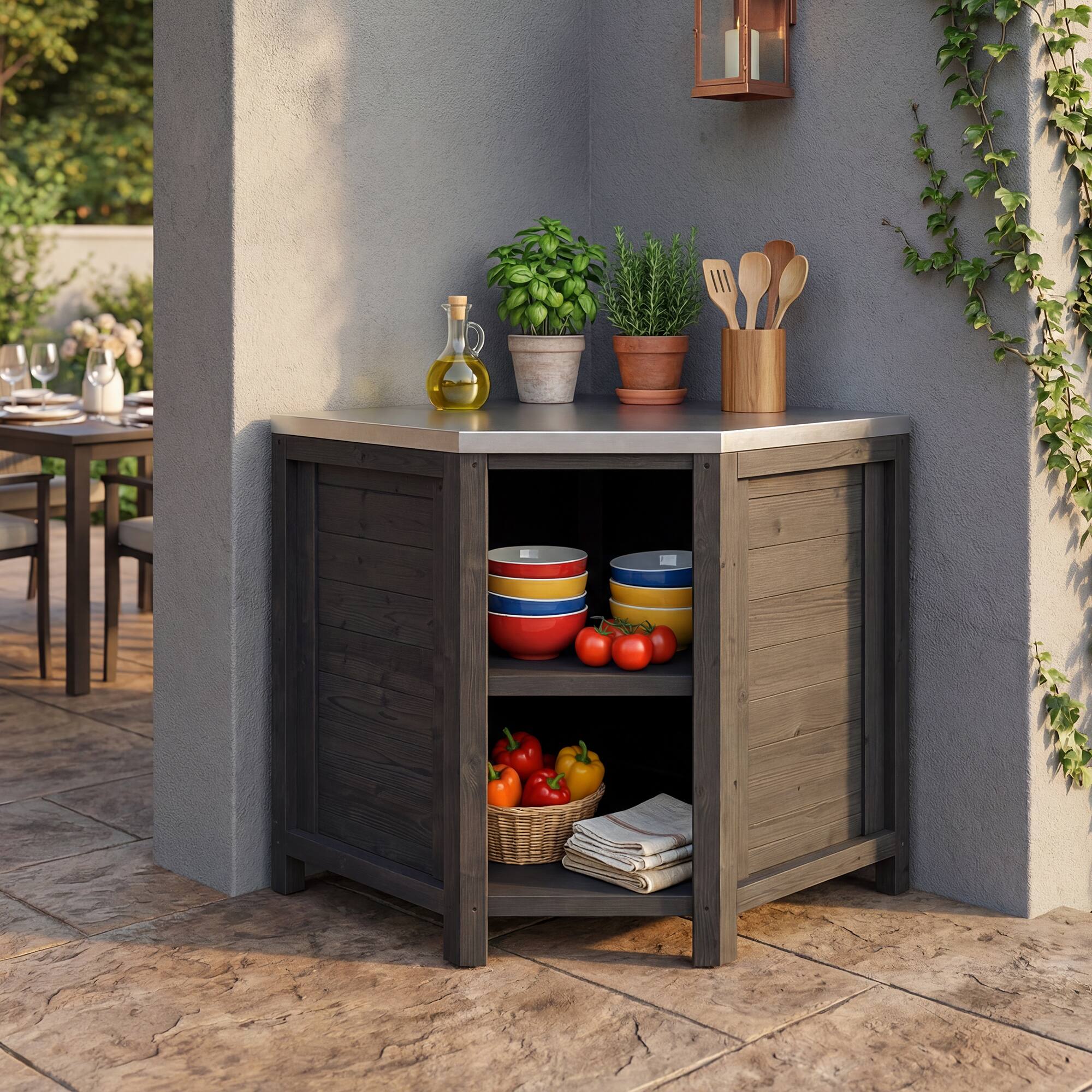 Left. Famapy - Modular Solid Cedar Outdoor Kitchen Cabinets - All-Weather Storage with Stainless Steel Top for Patio, Grill Station - Carbon Black.