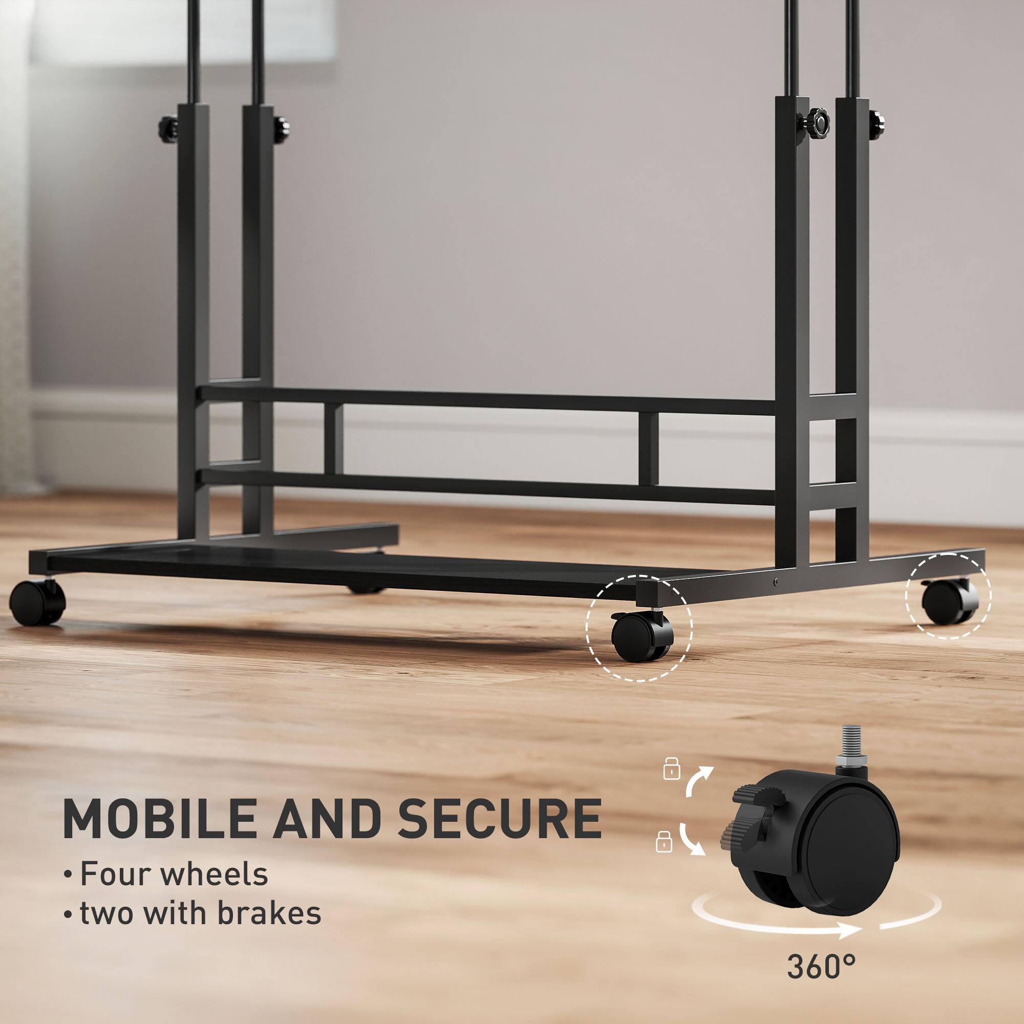 MOBILE AND SECURE  
- Four wheels  
- Two with brakes  

360°