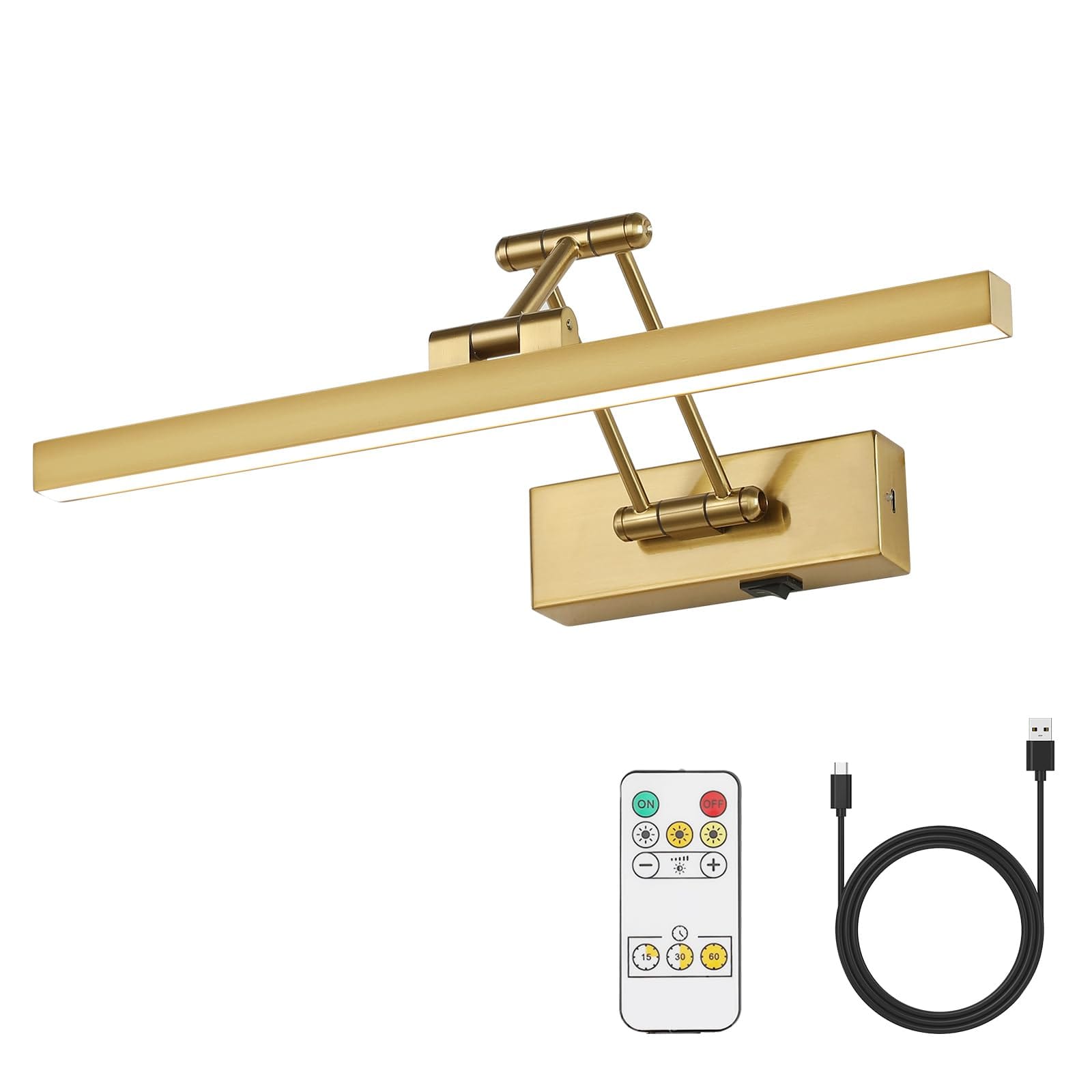 TECH SAFARI - Picture Light Operated Brass Inch Long Rechargeable Wall Lights Dimmable Led Library With Swing Arm And T - Battery Operated Brass 15.7 inch