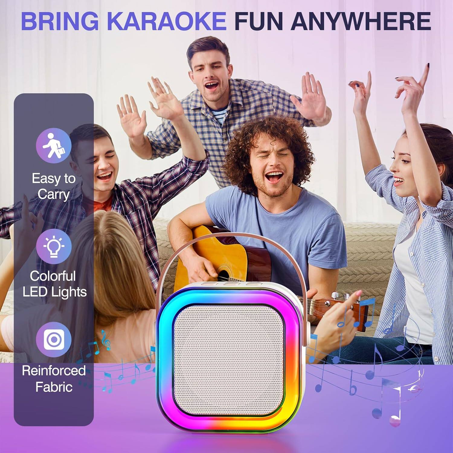 BRING KARAOKE FUN ANYWHERE

- Easy to Carry
- Colorful LED Lights
- Reinforced Fabric