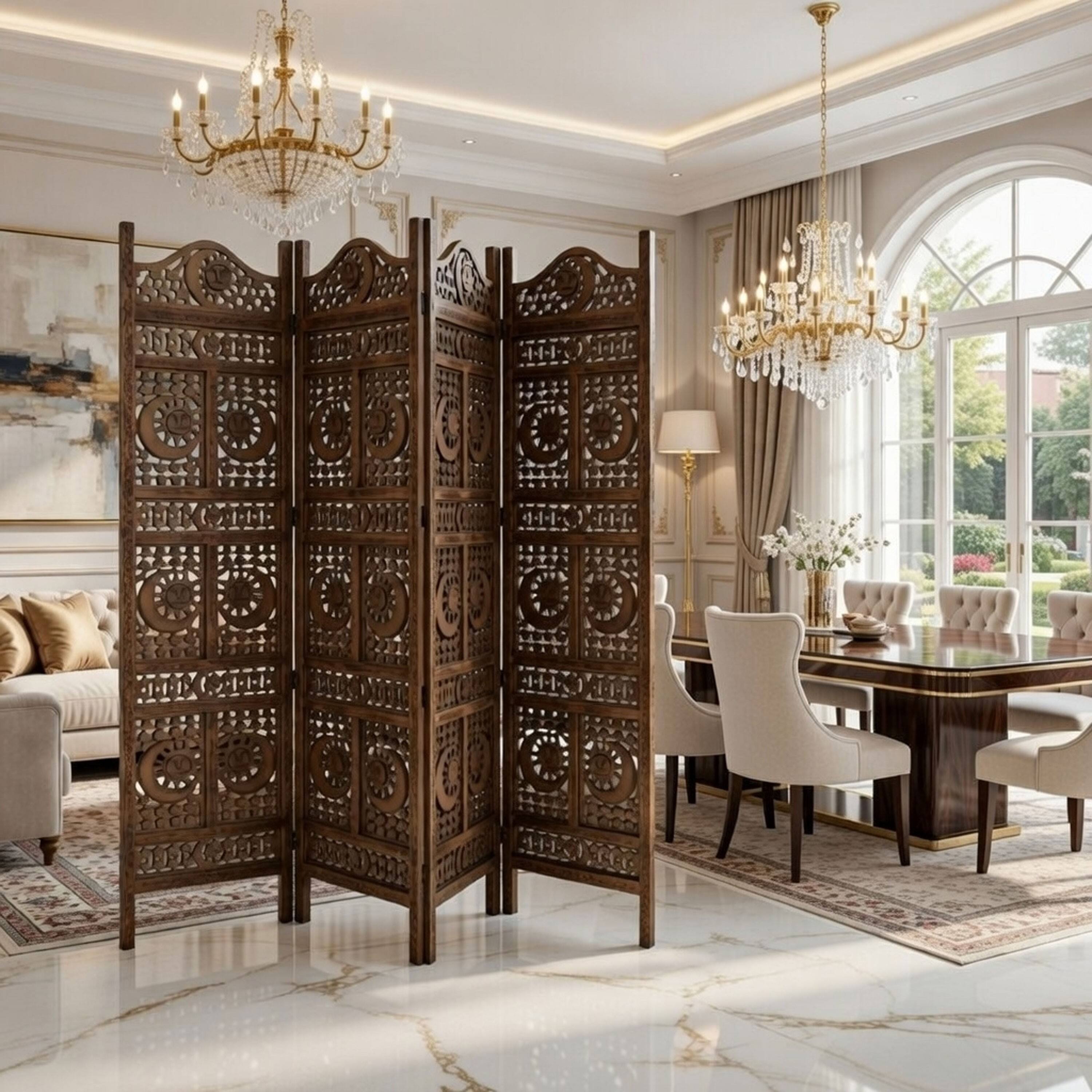 Alt View 6. Manhattan Lane - 71 Inch 4 Panel Mango Wood Room Divider, Hand Carved, Sun & Moon Design - Brown.