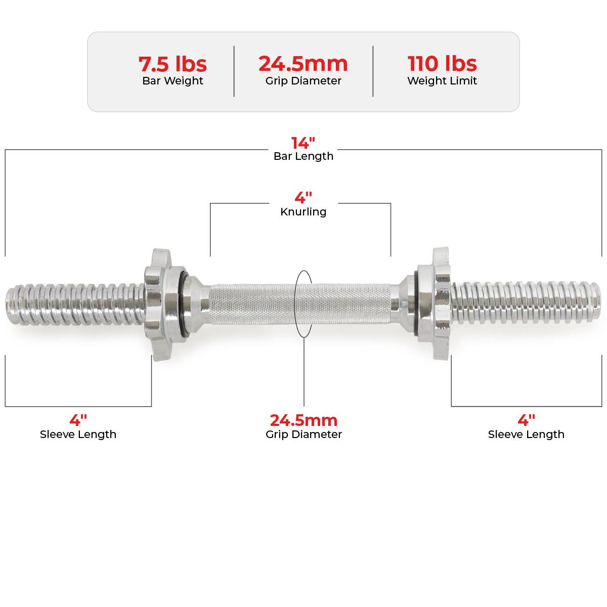 7.5 lbs Bar Weight  
24.5mm Grip Diameter  
110 lbs Weight Limit  

14" Bar Length  
4" Knurling  

4" Sleeve Length  
24.5mm Grip Diameter  
4" Sleeve Length