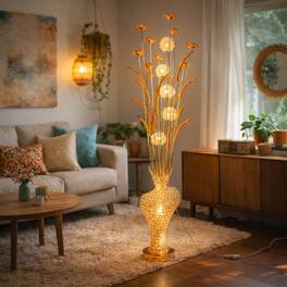 FC Design - 60"H Gold Cylindrical Textured Vase with Floral Stem & Faux Crystal Accent LED Floor Lamp
