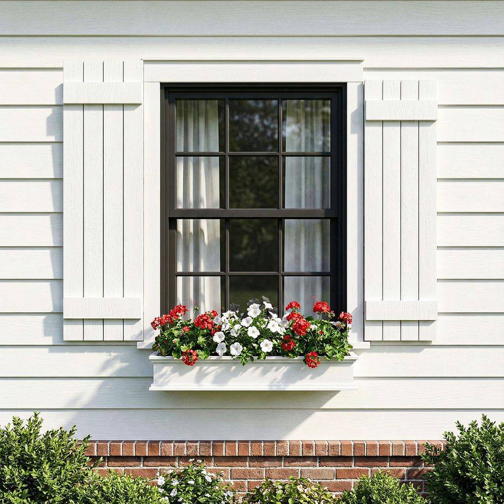 Angle. Kadyn - Classic Board & Batten Faux Shutters with 2 Horizontal Bars for Timeless and Durable Exterior Elegance, 14"x43", White - White.