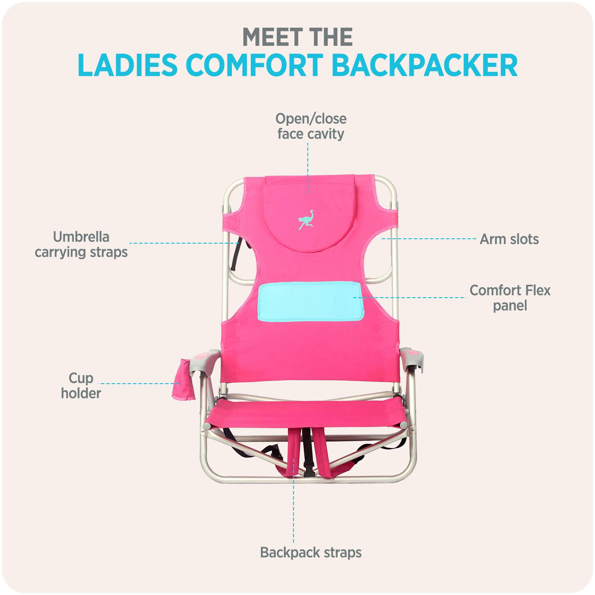 MEET THE LADIES COMFORT BACKPACKER

- Open/close face cavity
- Umbrella carrying straps
- Arm slots
- Comfort Flex panel
- Cup holder
- Backpack straps