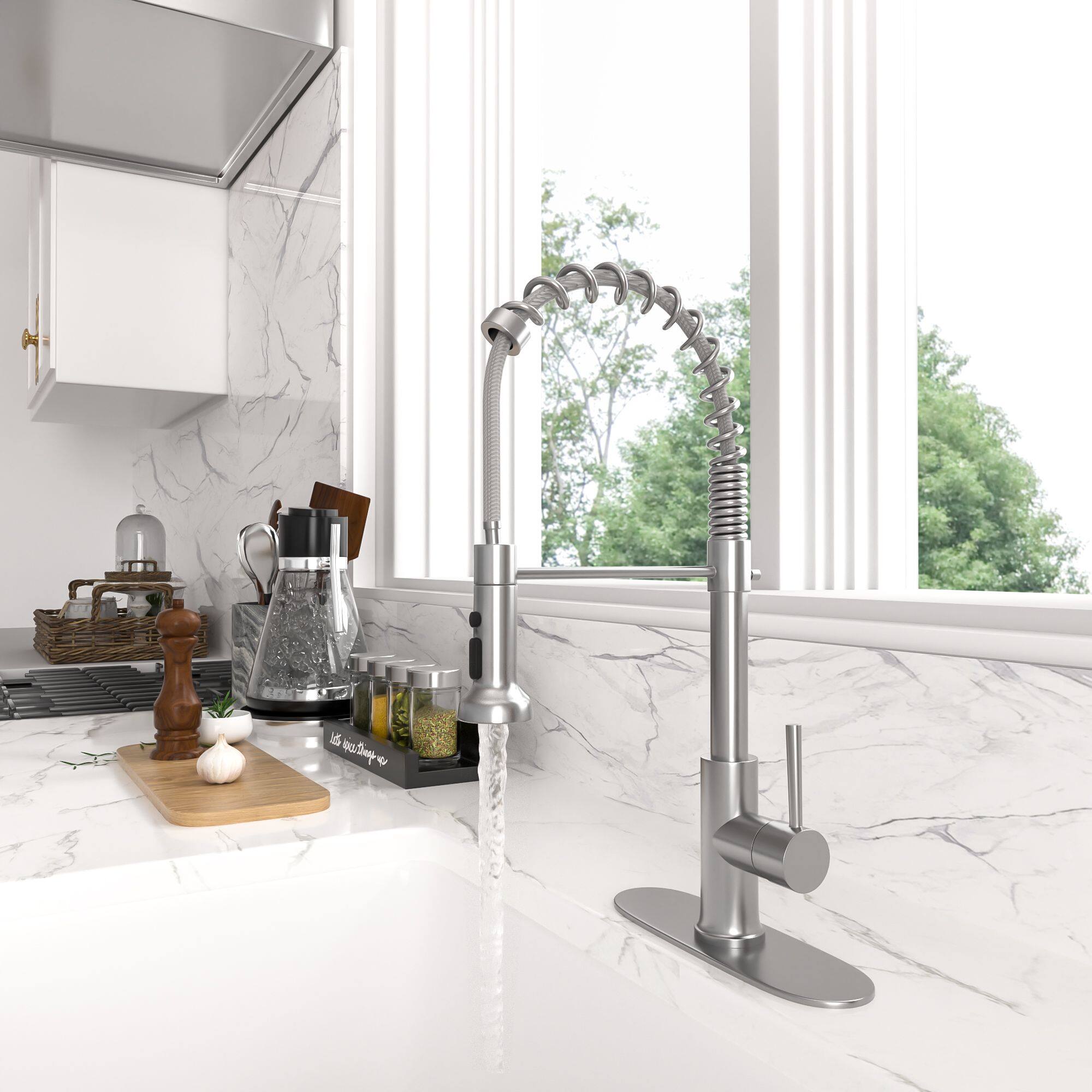 Alt View 2. Lordear - Commercial Kitchen Faucet with Dual Function Pull-Down Sprayhead in Brushed Nickel Finish - Brushed Nickel.