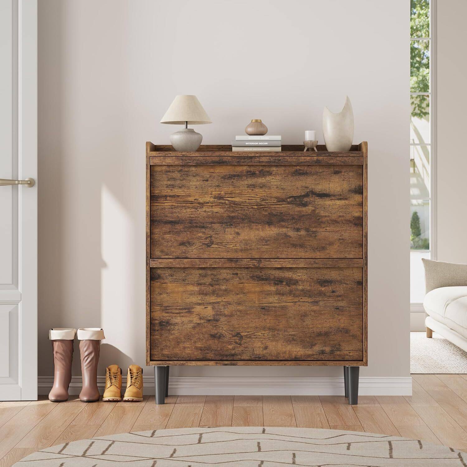 Left. GARVEE - Shoe Cabinet with 2 Flip Drawers, Wooden Shoe Organizer with Adjustable Shelf, Shoe Storage for Entryway, Rustic Brown - Brown.