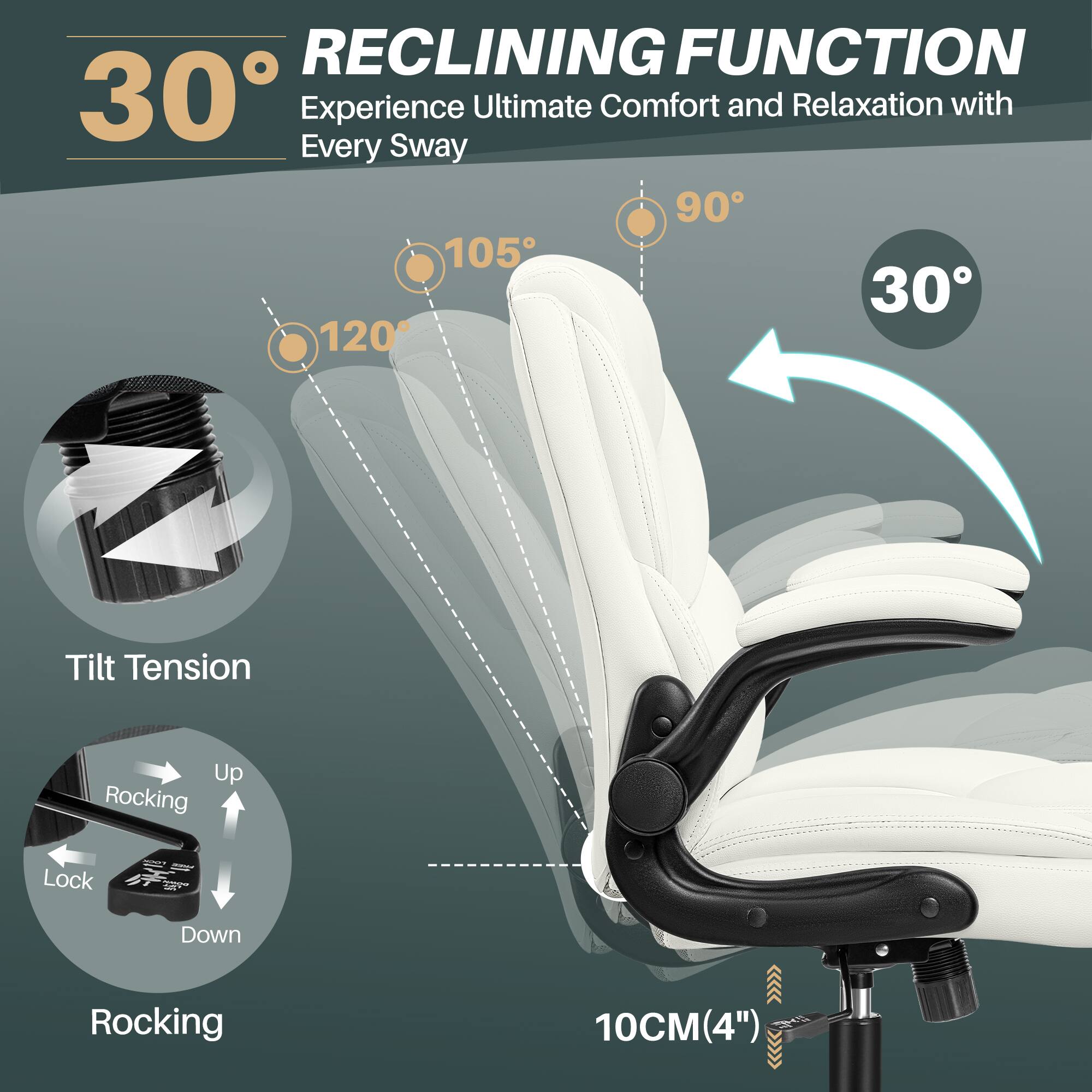 RECLINING FUNCTION  
Experience Ultimate Comfort and Relaxation with Every Sway  

30°  
105°  
120°  
90°  
30°  

Tilt Tension  

Rocking  
Up  
Lock  
Down  

10CM(4")