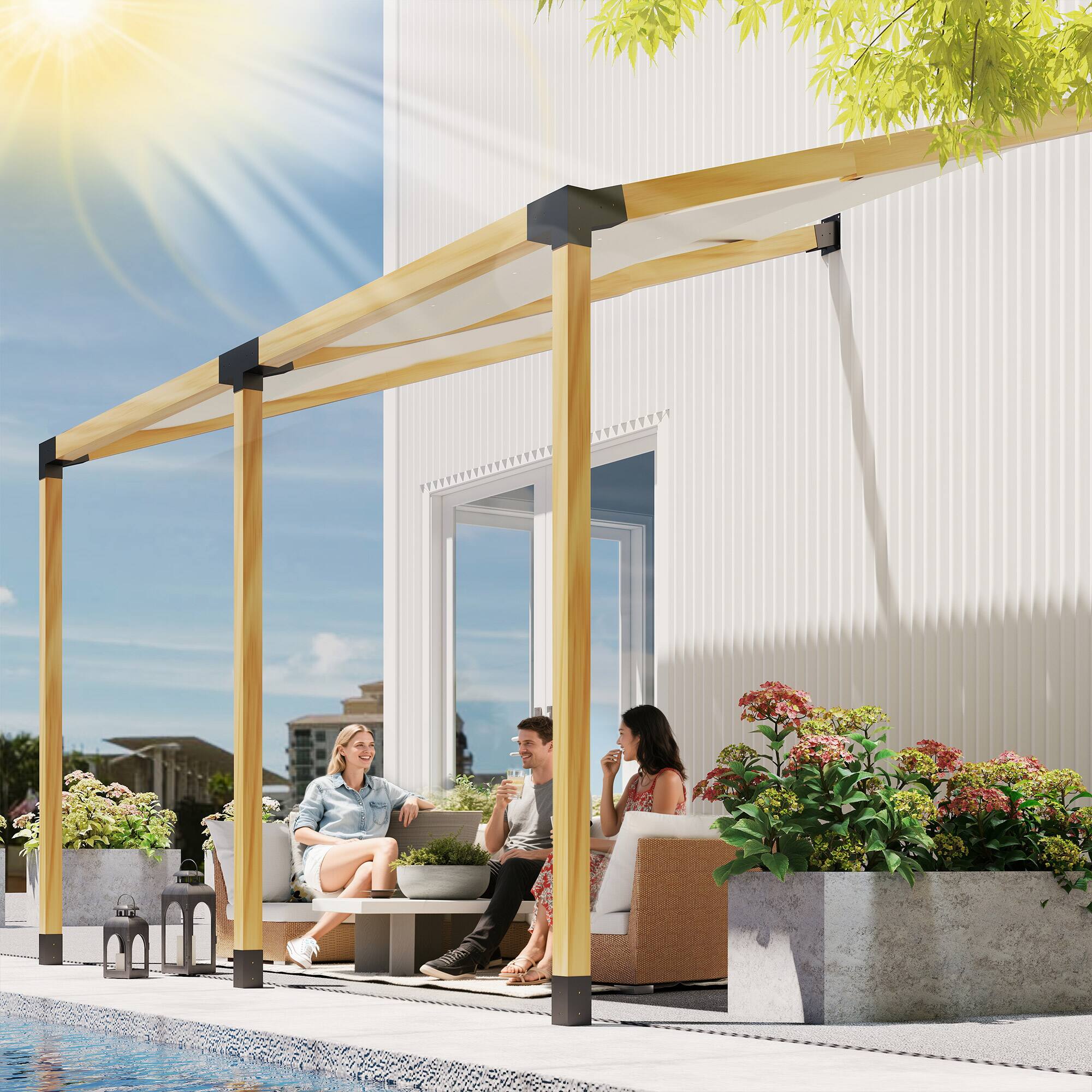 Alt View 1. Outsunny - Kit, 15° Slanted Pergola Brackets w/ 4-Way/3-Way Brackets, Post Bases.