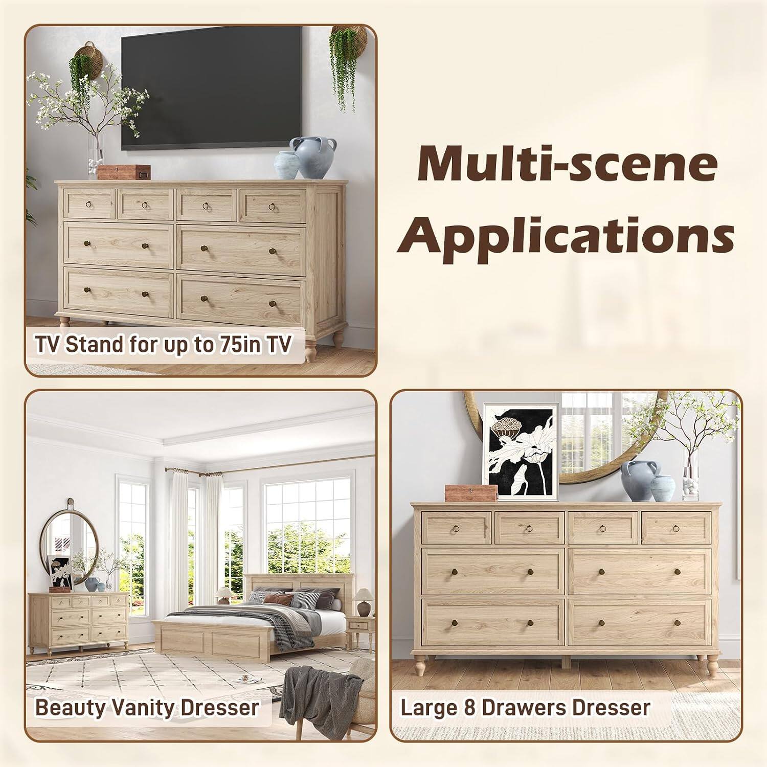 Multi-scene Applications TV Stand for up to 75in TV Beauty Vanity Dresser Large 8 Drawers Dresser