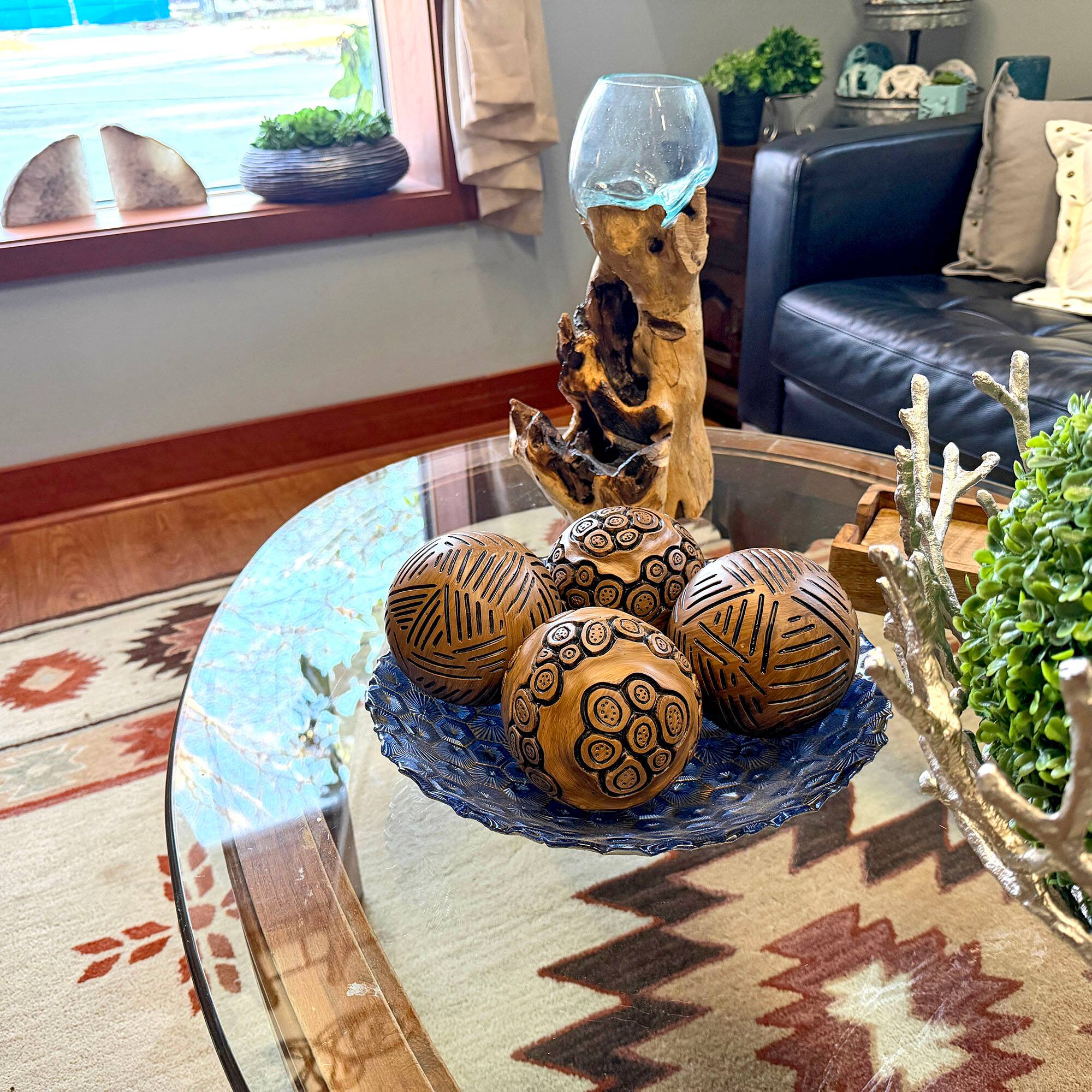 Alt View 3. Things2Die4 - Set of 4 Brown Resin Decorative Orbs 4 in Distressed Geometric Sphere Decor - Brown.