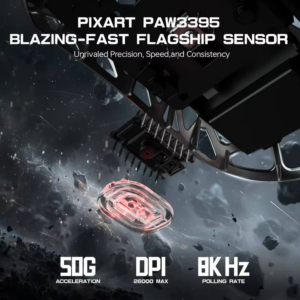 PIXART PAW3395  
BLAZING-FAST FLAGSHIP SENSOR  
Unrivaled Precision, Speed, and Consistency  

50G ACCELERATION  
26000 DPI MAX  
8K Hz POLLING RATE