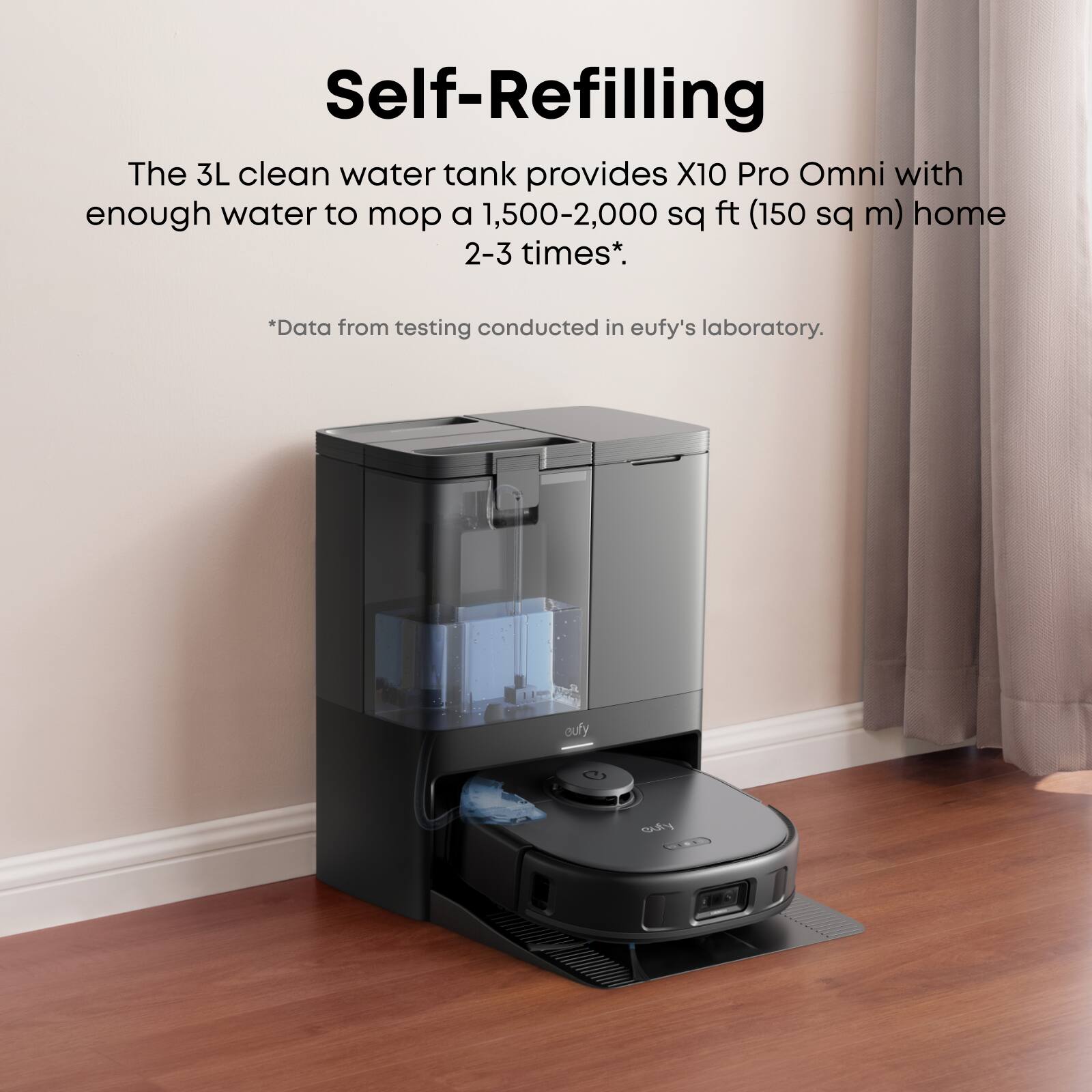 Self-Refilling

The 3L clean water tank provides X10 Pro Omni with enough water to mop a 1,500-2,000 sq ft (150 sq m) home 2-3 times*.

*Data from testing conducted in eufy's laboratory.