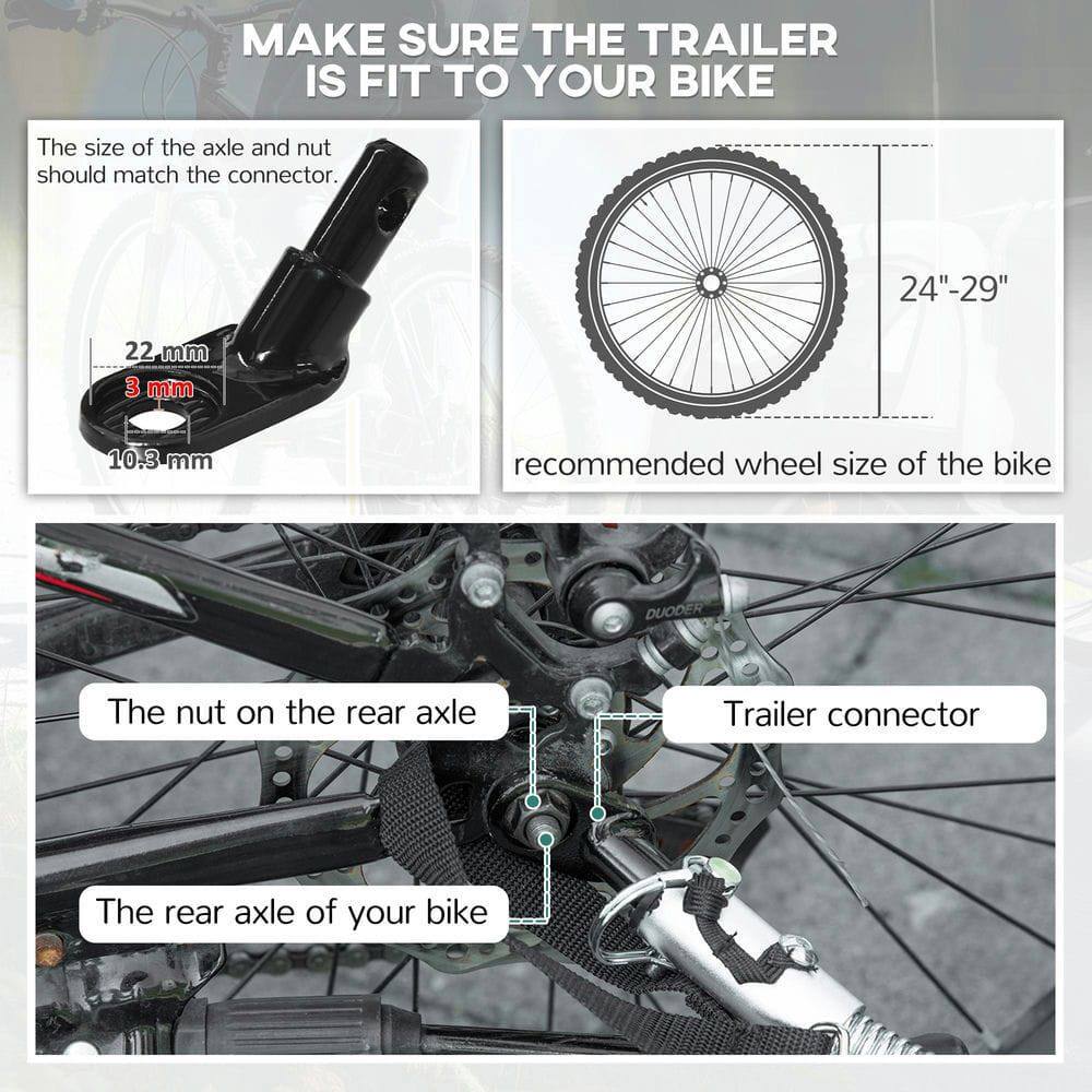 MAKE SURE THE TRAILER IS FIT TO YOUR BIKE

The size of the axle and nut should match the connector.

- 22 mm
- 3 mm
- 10.3 mm

24"-29" recommended wheel size of the bike

The nut on the rear axle

The rear axle of your bike

Trailer connector