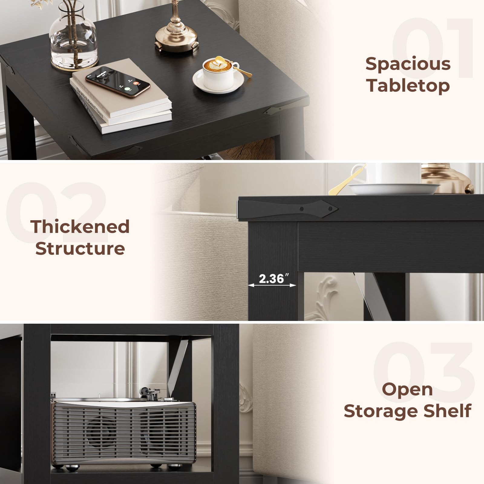 Spacious Tabletop  
Thickened Structure 2.36"  
Open Storage Shelf