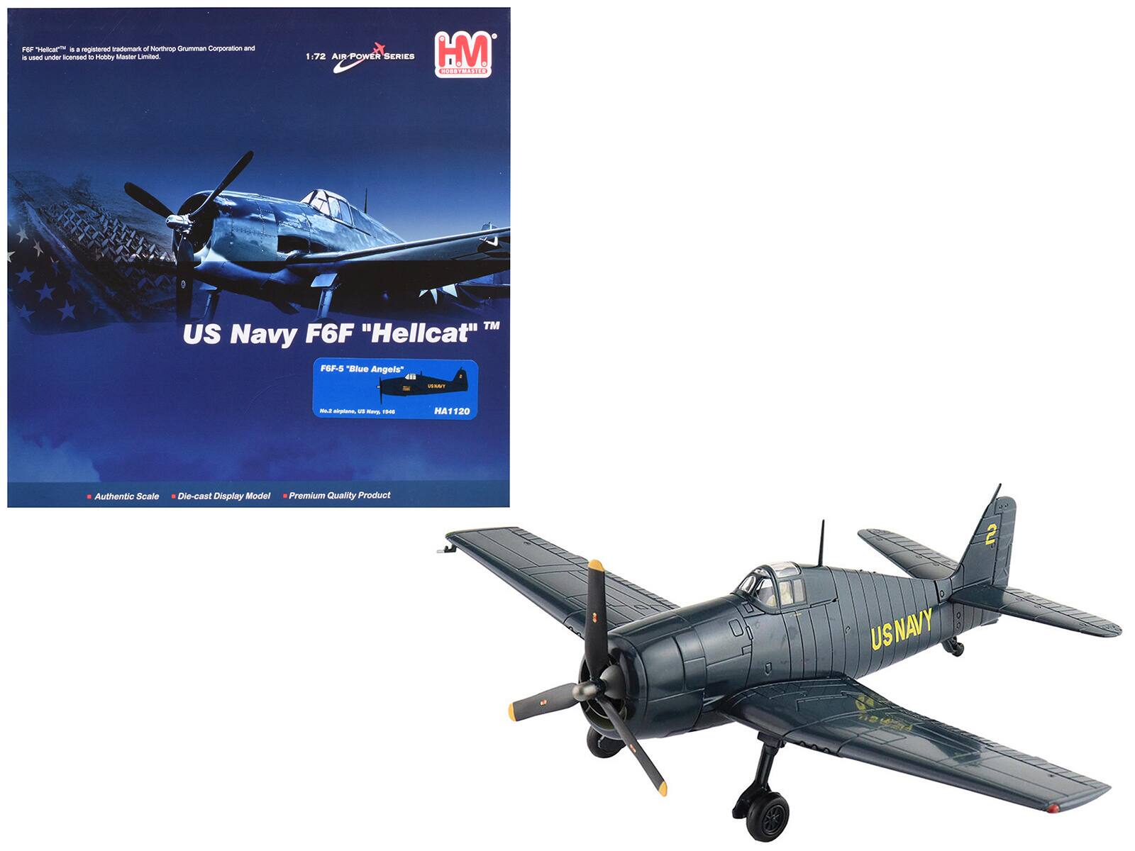 Sure, here is the corrected and grouped text from the image:

---

**US Navy F6F "Hellcat"™**

FGF-8 "Blue Angels"

No.3 aircraft, US Navy

HA1120

1:72 AIR-POWER SERIES

Authentic Scale • Die-cast Display Model • Premium Quality Product

**FGF "Hellcat"™** is a registered trademark of Northrop Grumman Corporation and is used under license to Hobby Master Limited.

---

**US NAVY**

2