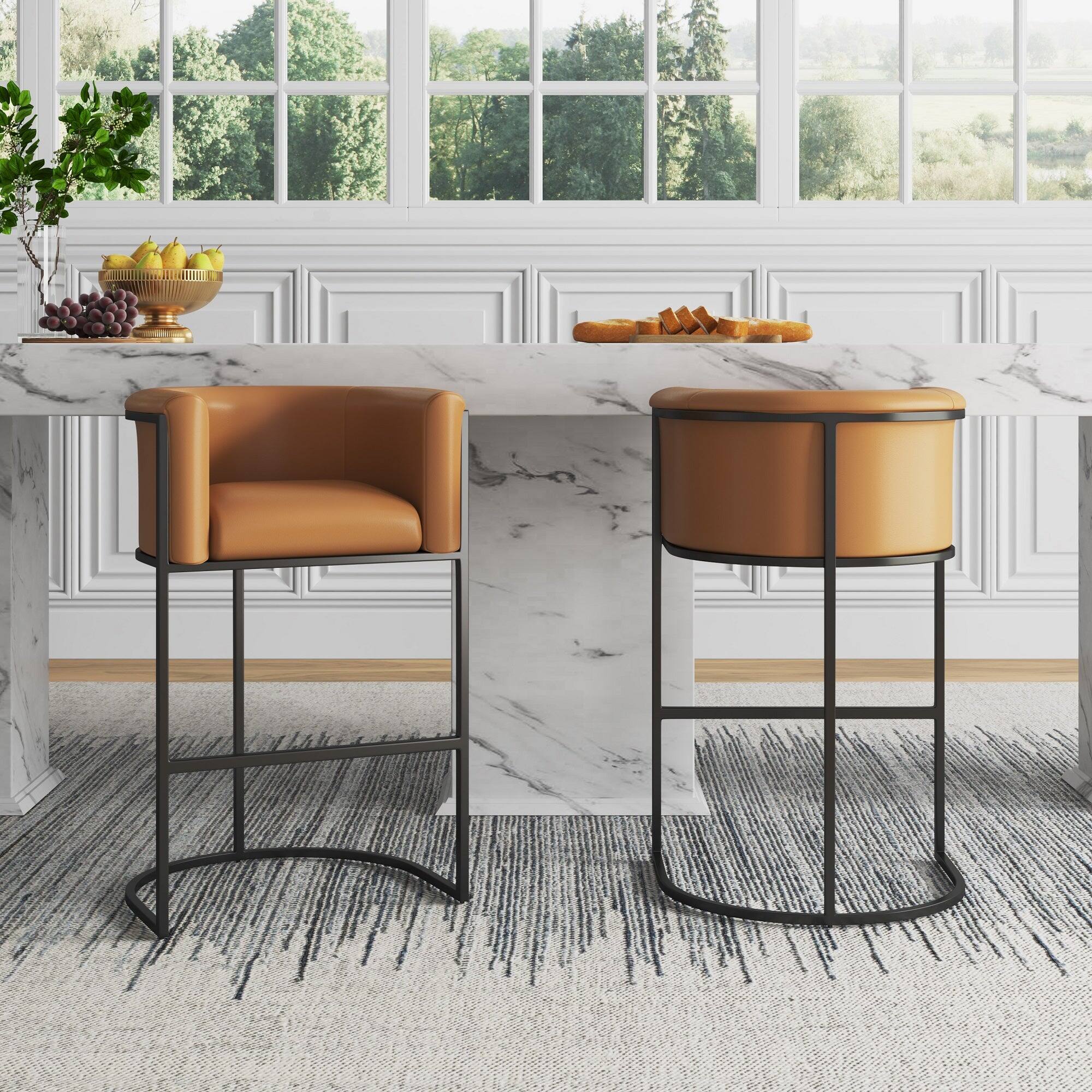Angle. Manhattan Comfort - Cosmopolitan Mid-Century Modern Metal Upholstered Barstool - Set of 3 - Camel.