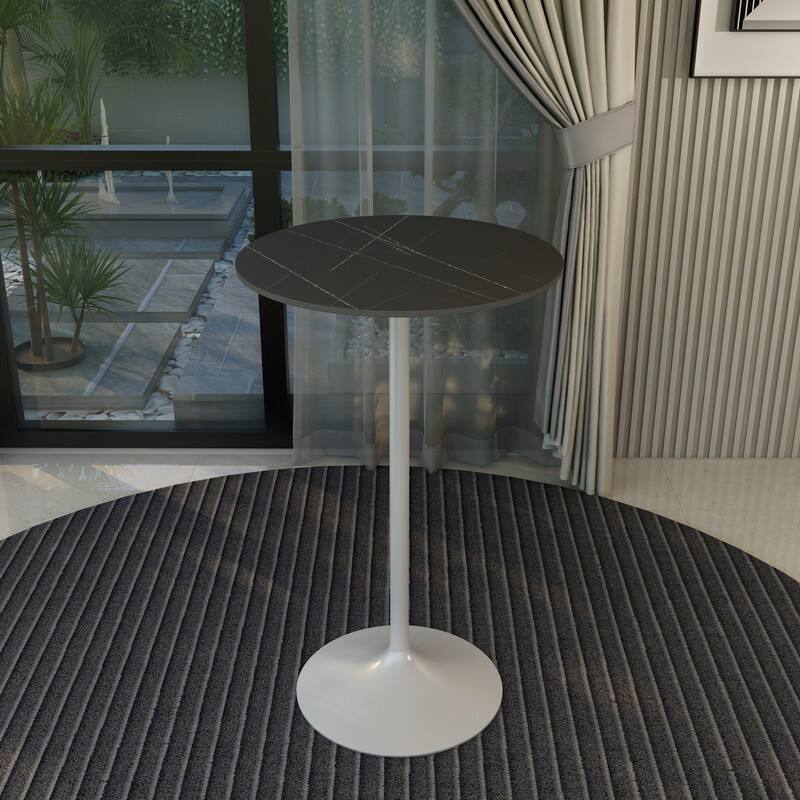 Angle. LeisureMod - Verve 27 Inch Round Bar Height Table with Sintered Stone Top and White Base, Modern Small Bistro Pub Accent Table - Black Marbleized.