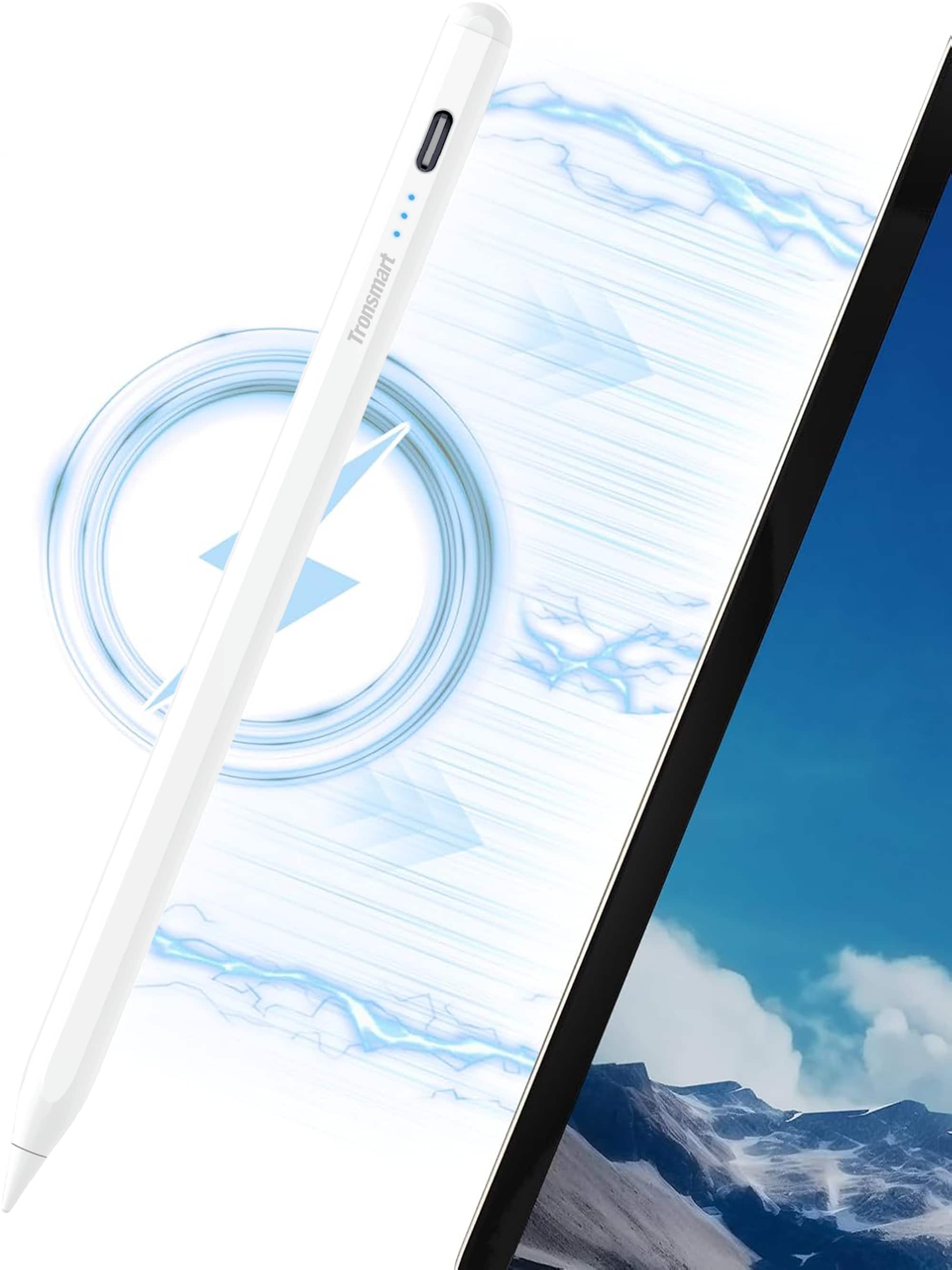 Angle. Tronsmart - Kreda 10 Stylus Pen for Apple iPad 2018-2025, Tilt Sensitivity, Pixel Precision, Palm Rejection, USB-C Fast Charging - White.