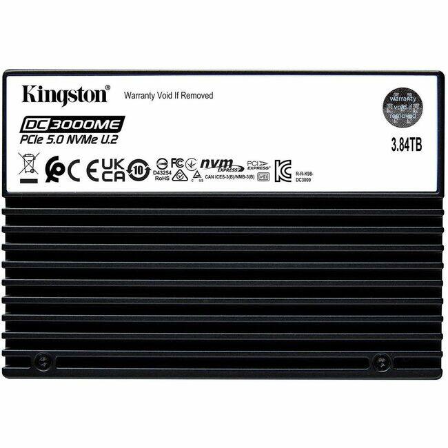 Kingston  
Warranty Void If Removed  

DC3000ME  
PCIe 5.0 NVMe U.2  

3.84TB  

Certifications:  
- CE  
- UK  
- CA  
- RoHS  
- FC  
- nvm  
- CAN ICES-3(B)/NMD-3(B)  
- R-R-KS8-DC3000  

Additional Information:  
- D43254  
- PCI Express 3.0 x4  
- 3.84TB  
- Warranty Void If Removed